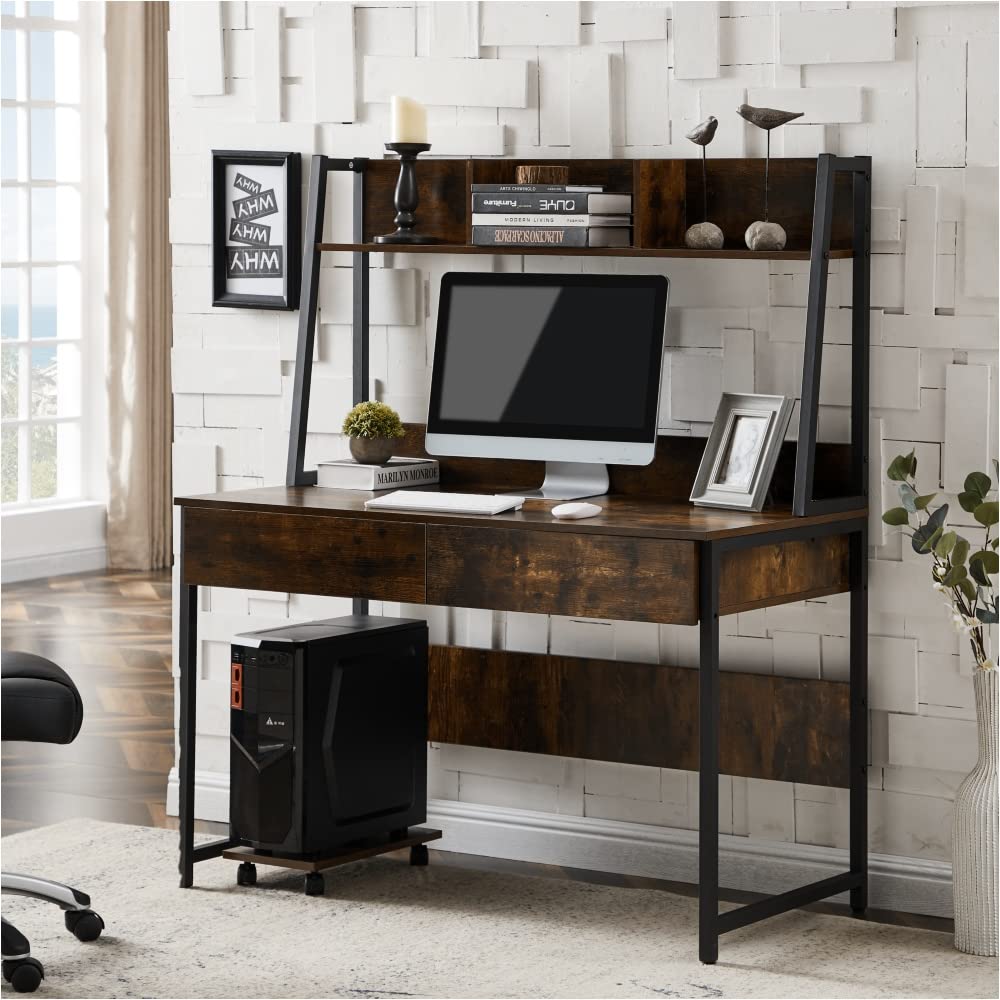 47 Inch Home Office Desk with Bookshelf - Rustic Brown Writing Computer Desk for Study, Work & Gaming - Space Saving Design for Small Rooms & Apartments