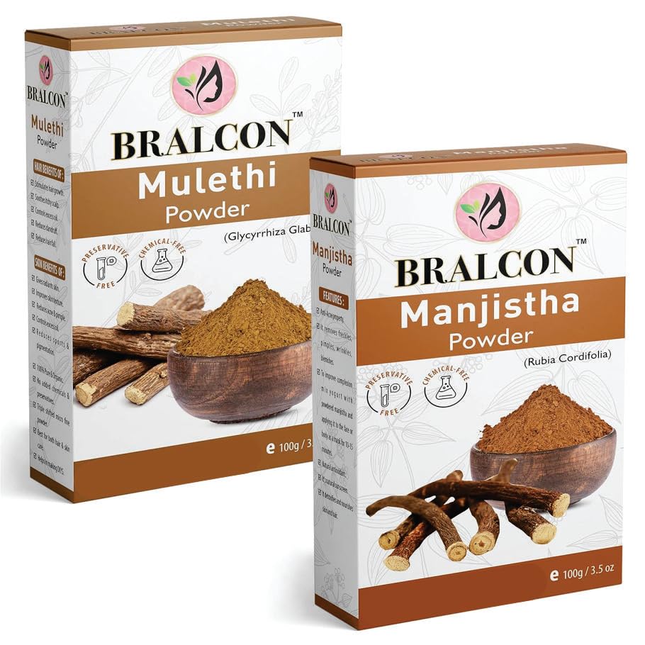BRALCON Mulethi Powder & Manjistha Powder Combo - 200g (100g x 2) | Organic Liquorice Root Powder & Rubia Cordifolia Extract | Natural Skincare for Face, Skin & Hair Care | DIY Face Masks & Herbal Remedies