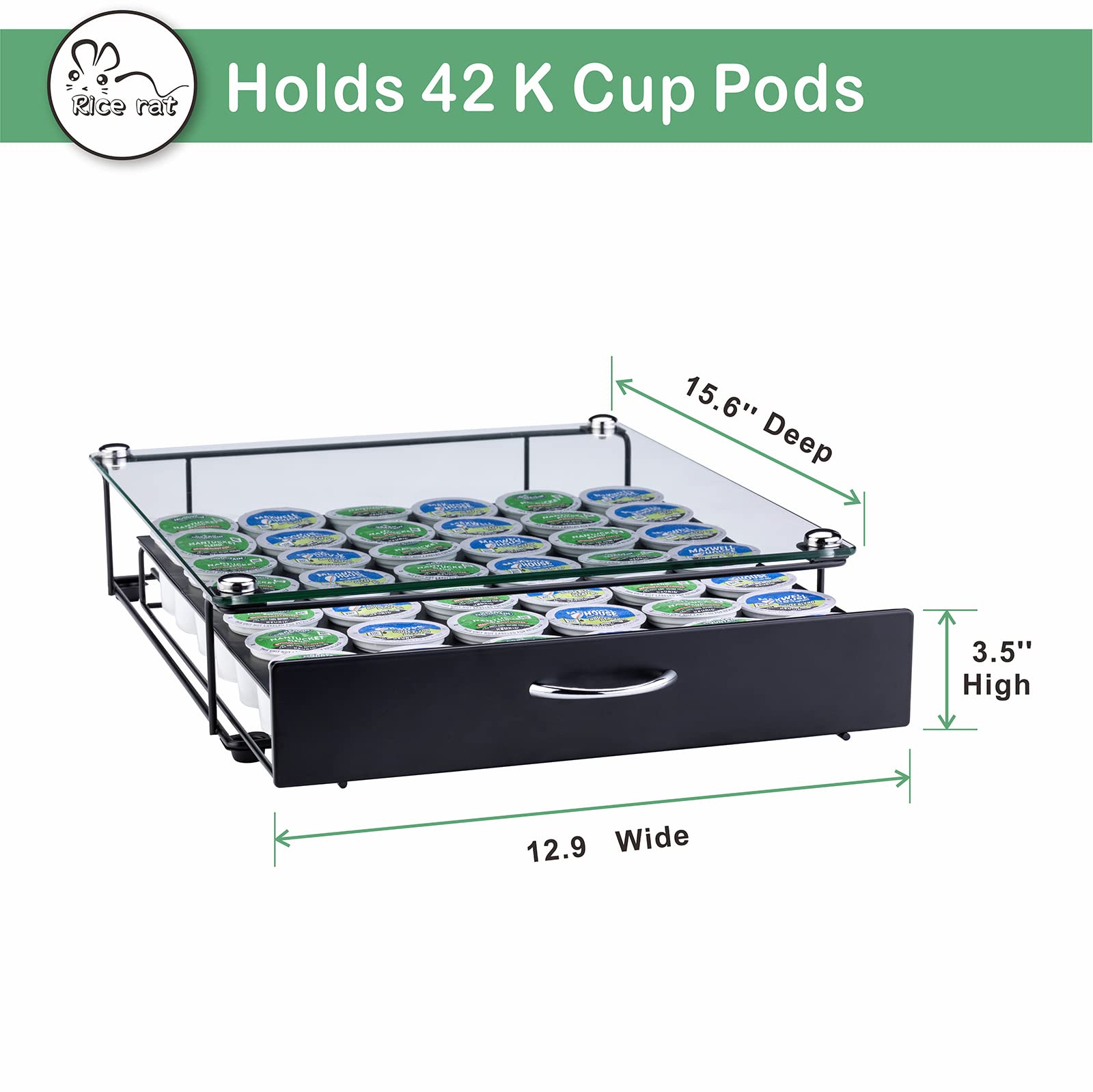 Keurig K-Cup Holder - Glass Top Drawer Organizer for 42 Coffee Pods | Black Coffee Capsule Storage Display | Perfect for Kitchen Countertops & Office Coffee Stations