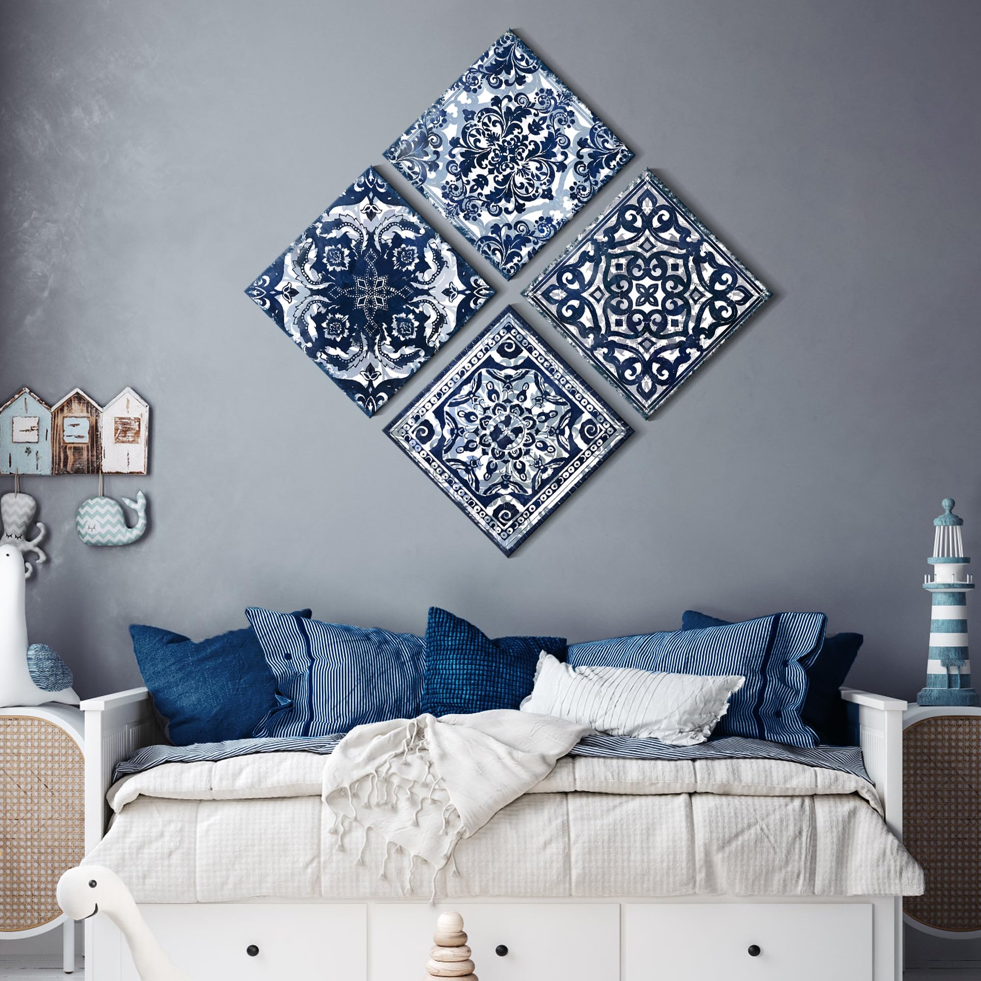 Modern Navy Blue Flower Canvas Wall Art - Set of 4 Framed Abstract Prints (14x14 Inch Each) for Bedroom & Bathroom Decor | Perfect for Home, Office, and Gift Giving