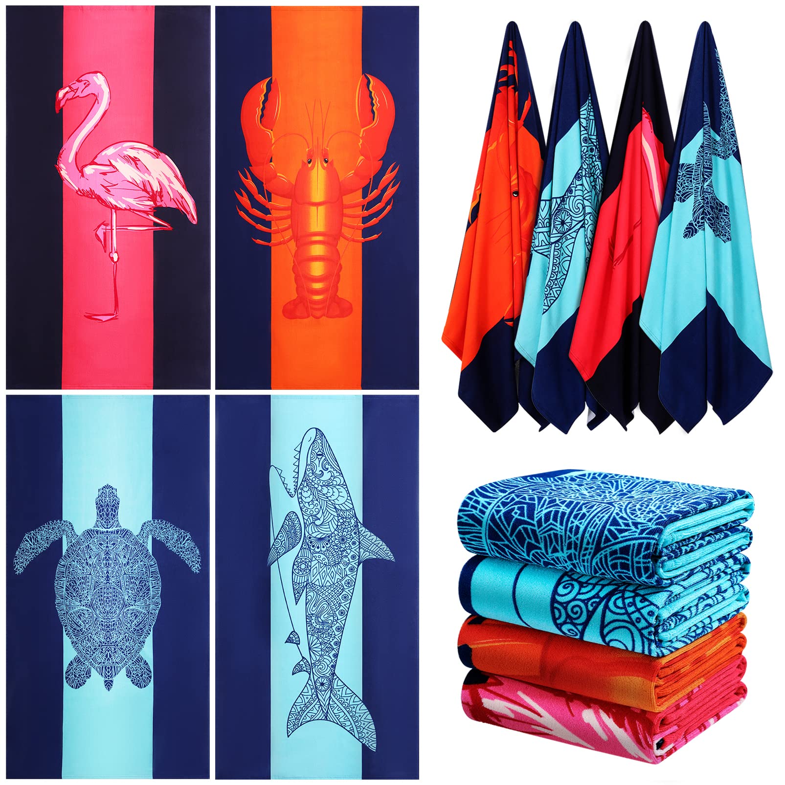 4 Pack Oversized Terry Beach Towels - 36 x 72 Inch Extra Large Soft Pool Swim Towels for Adults, Women & Men | Perfect for Beach, Pool, Travel, Cruise Vacation, Yoga & Gym Accessories | Shark & Flamingo Designs