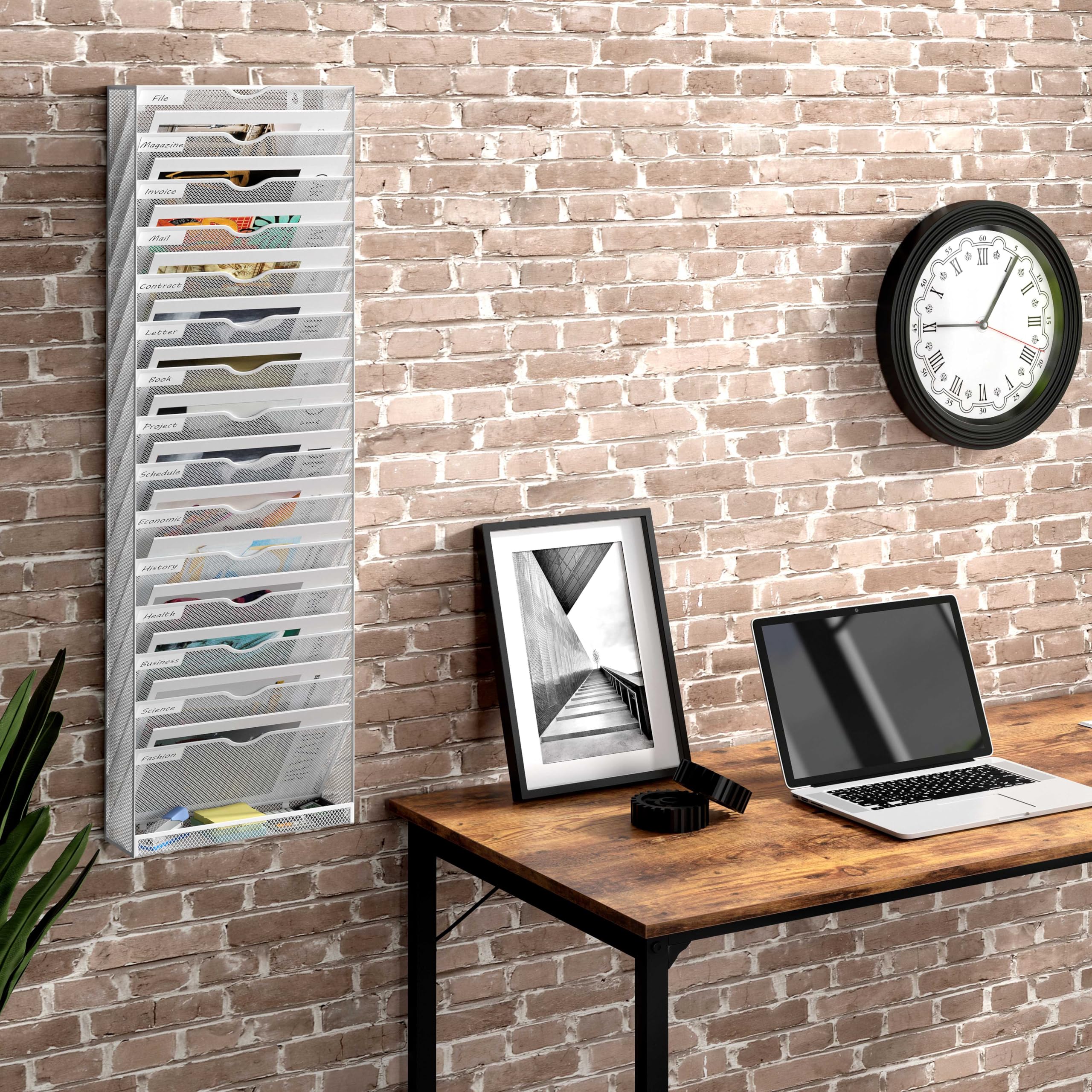 16-Pocket Mesh Wall File Holder - Metal Hanging File Organizer for Office & Home - Wall Mounted Mail Sorter - White Office Organization Solution - Perfect for Bills, Letters, Documents & Home Office Storage