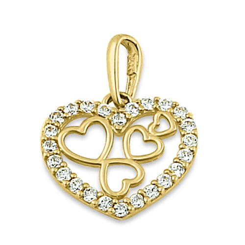 14K Solid Yellow Gold Quintuple Clear CZ Heart Pendant Necklace - Elegant Jewelry Gift for Women, Perfect for Valentine's Day, Anniversary & Special Occasions