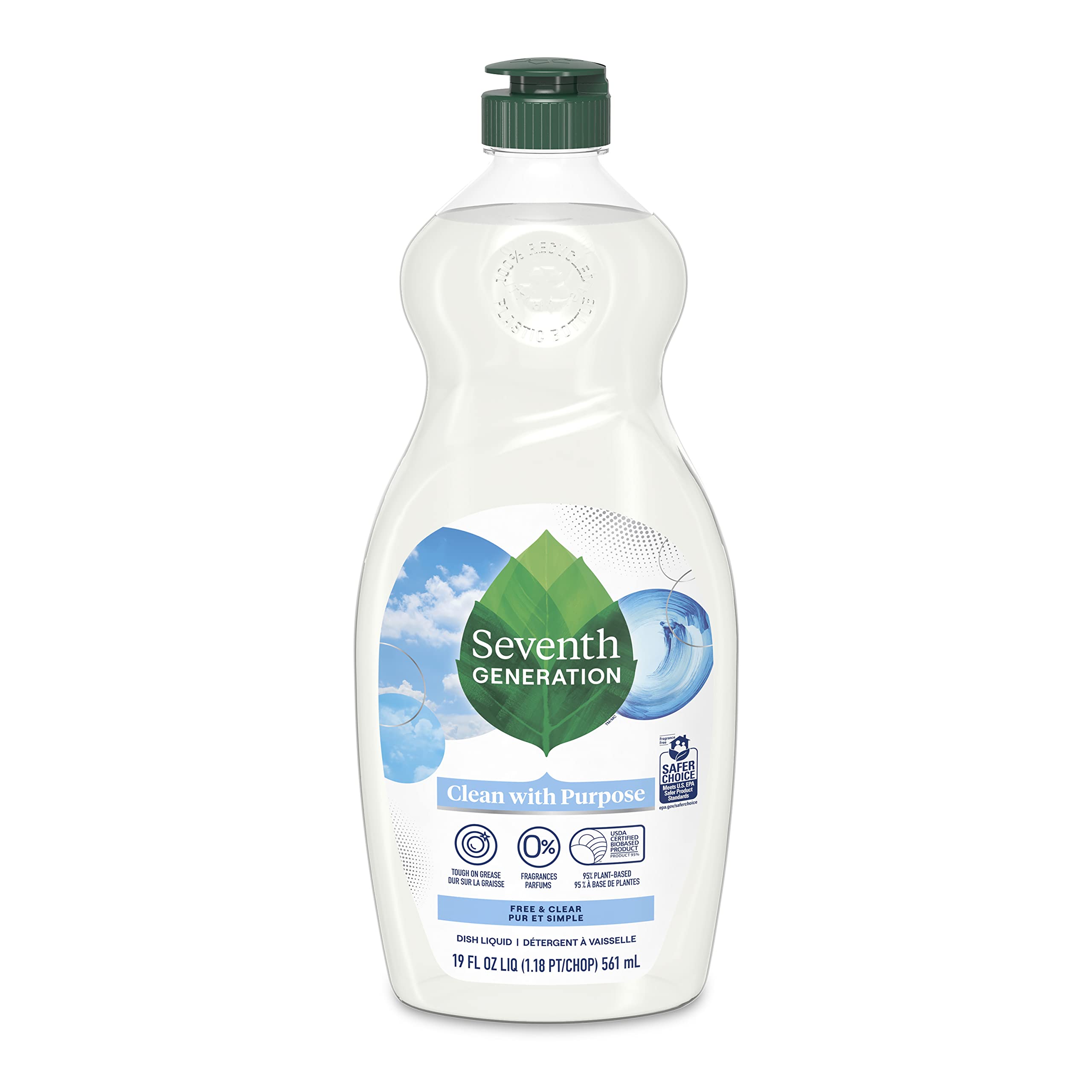 Seventh Generation Free & Clear Dish Liquid Soap - 19 oz Hypoallergenic Dishwashing Soap for Sensitive Skin | Gentle on Hands, Perfect for Daily Kitchen Cleaning & Eco-Friendly Dishwashing