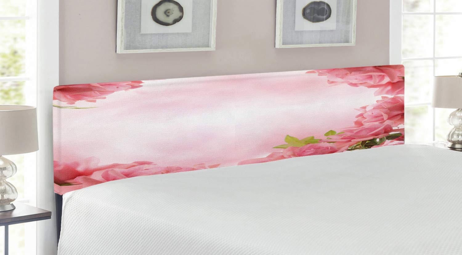 Ambesonne Romantic Roses Upholstered Metal Headboard - King Size Pink Coral Green with Memory Foam | Perfect for Valentine's Day, Bridal Wedding Bedroom Decor & Master Suite Upgrade