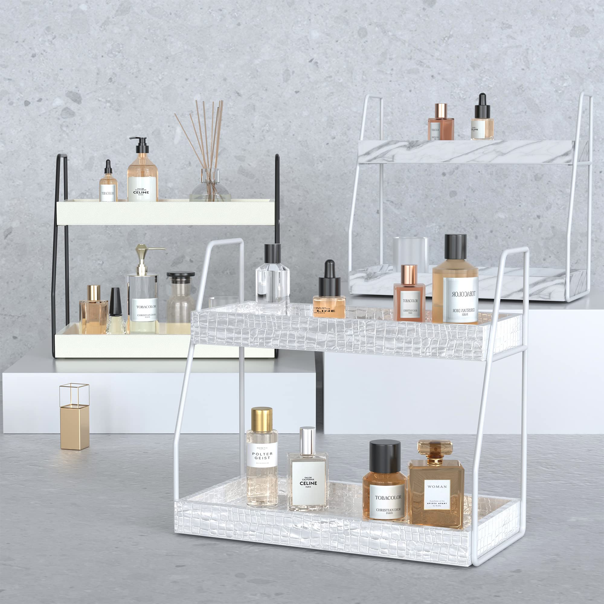 Premium 2-Tier Bathroom Countertop Organizer - Faux Leather Makeup & Vanity Storage Tray with Non-Slip Base (Silver) | Perfect for Cosmetics, Jewelry & Skincare Organization in Bathroom, Bedroom or Dressing Table