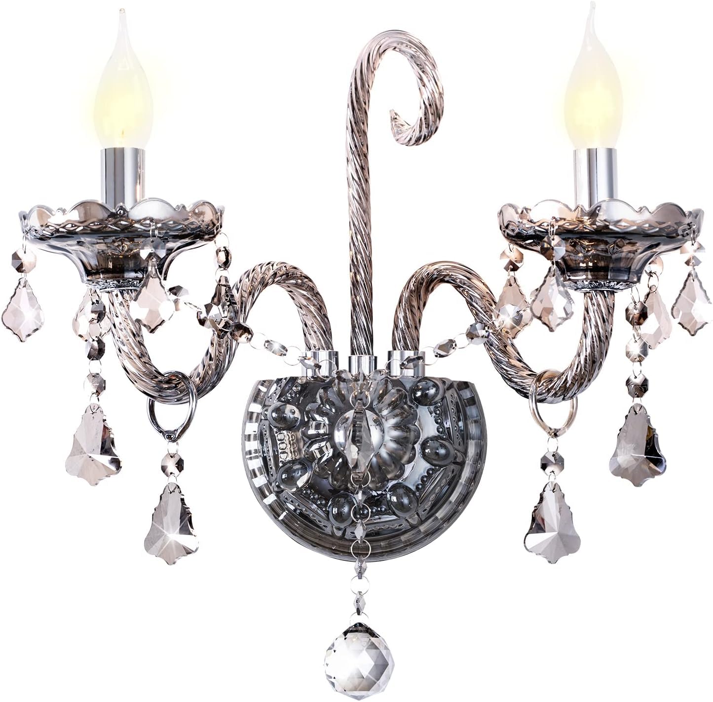 Vintage Crystal Wall Sconce Lighting - 2-Light Elegant Crystal Drop Shade Wall Lamp with E12 Base | Country Style Grey Porch Light for Living Room, Bedroom, Hallway Decor | Perfect for Farmhouse, Cottage & Victorian Home Lighting