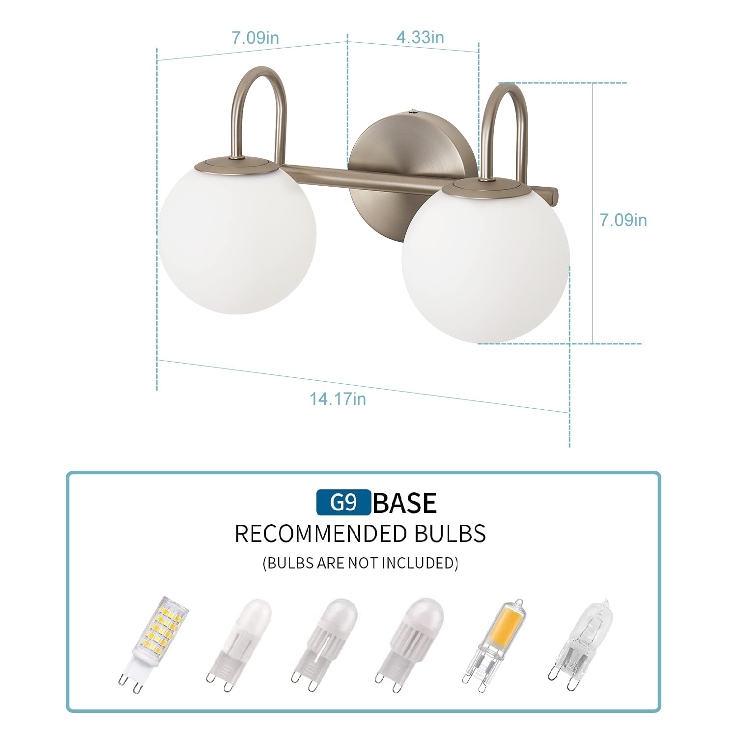 Modern Brushed Nickel Bathroom Vanity Light Fixtures - 2 Lights with Milk White Globe Glass Shade, Wall Sconce for Mirror Lighting (G9 Bulb Not Included) - Perfect for Contemporary Bathrooms, Powder Rooms & Vanity Areas