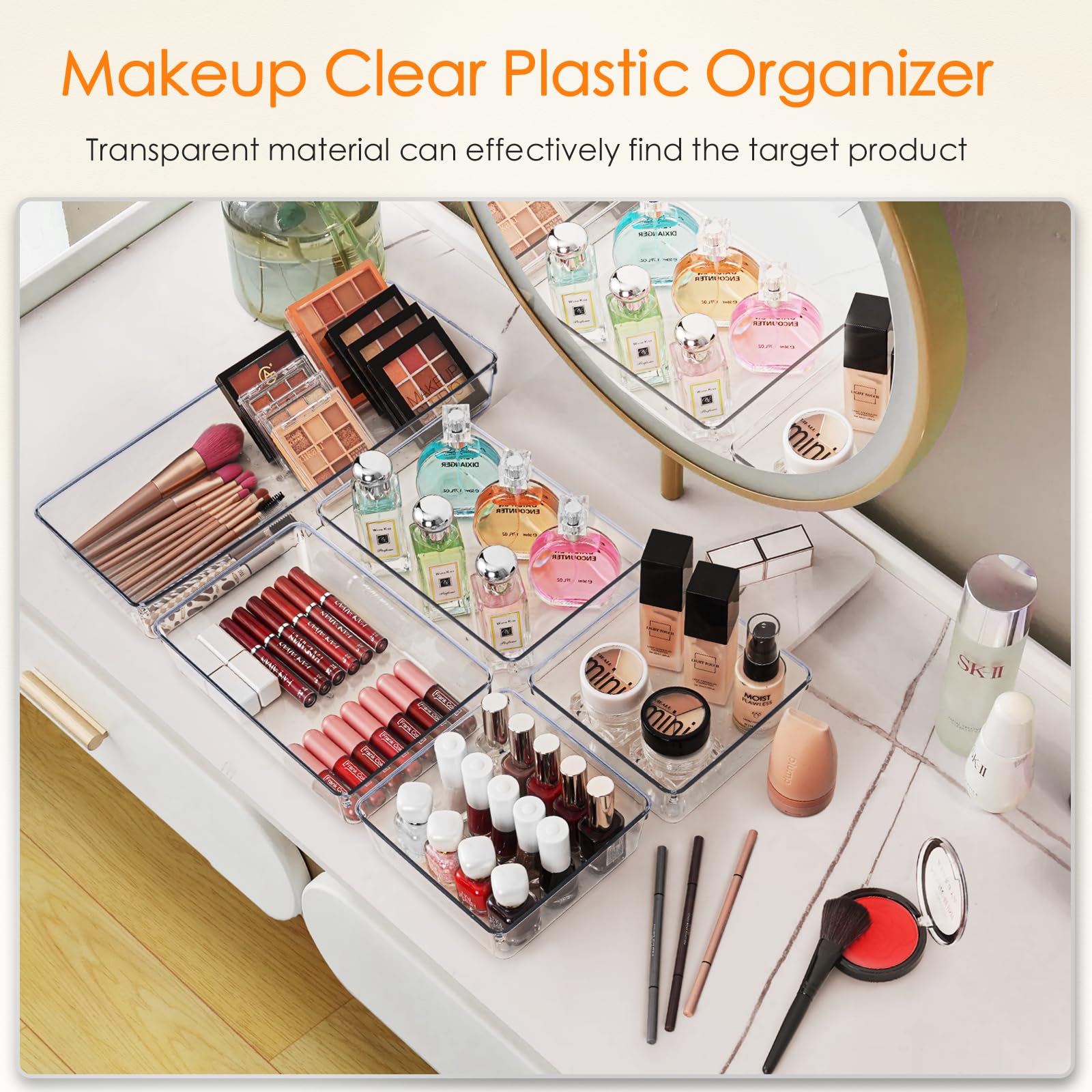 Criusia 6-Pack Large Clear Plastic Drawer Organizer Set - 2 Sizes for Bathroom Vanity, Makeup, Bedroom & Kitchen Storage - Perfect for Cosmetics, Jewelry, Utensils & Small Items Organization