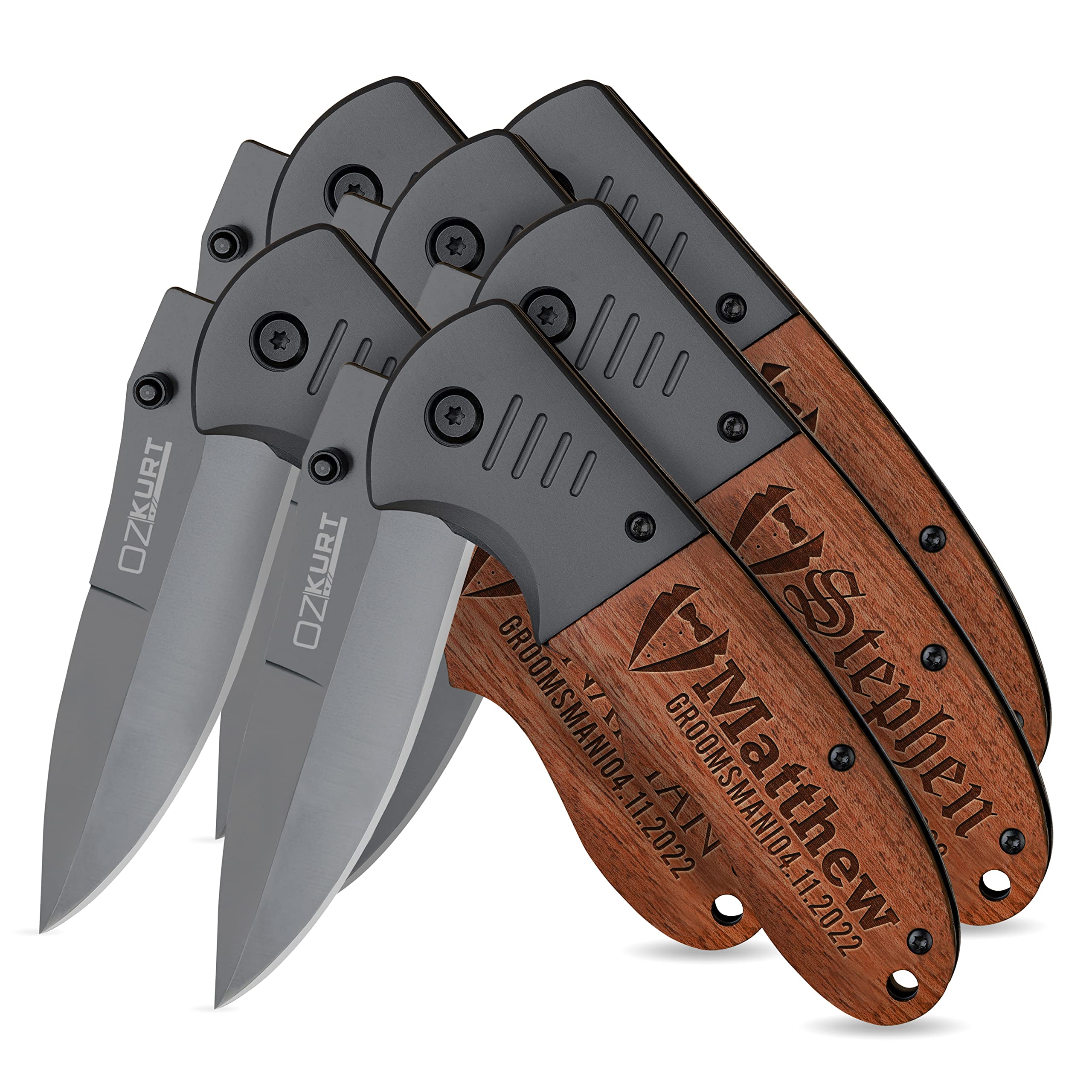 Personalized Groomsmen Pocket Knife Set of 6 - Custom Engraved with Name, Title & Date - 4 Icon & 5 Font Options - Wedding Proposal Gift for Groomsmen & Groom - Perfect for Bachelor Parties, Weddings & Anniversary Gifts