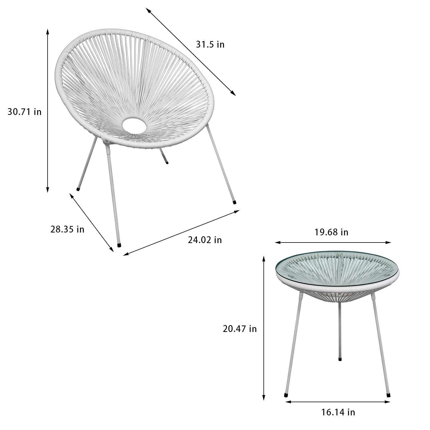3-Piece Acapulco Chair Set - All-Weather Wicker Patio Furniture with 2 Plastic Rope Chairs & Glass Top Table - Modern Outdoor Seating for Garden, Poolside, Balcony & Backyard (White) - Perfect for Relaxing, Entertaining & Sunbathing