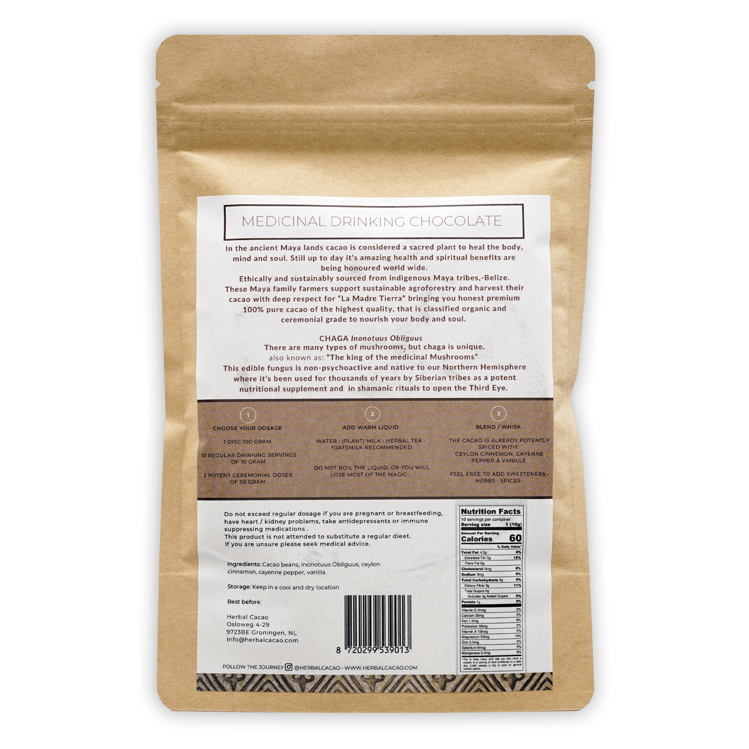 Organic Ceremonial Cacao Powder with Chaga Mushroom - Premium Herbal Drinking Chocolate for Meditation, Yoga & Spiritual Rituals - Vegan, Gluten-Free Superfood Blend