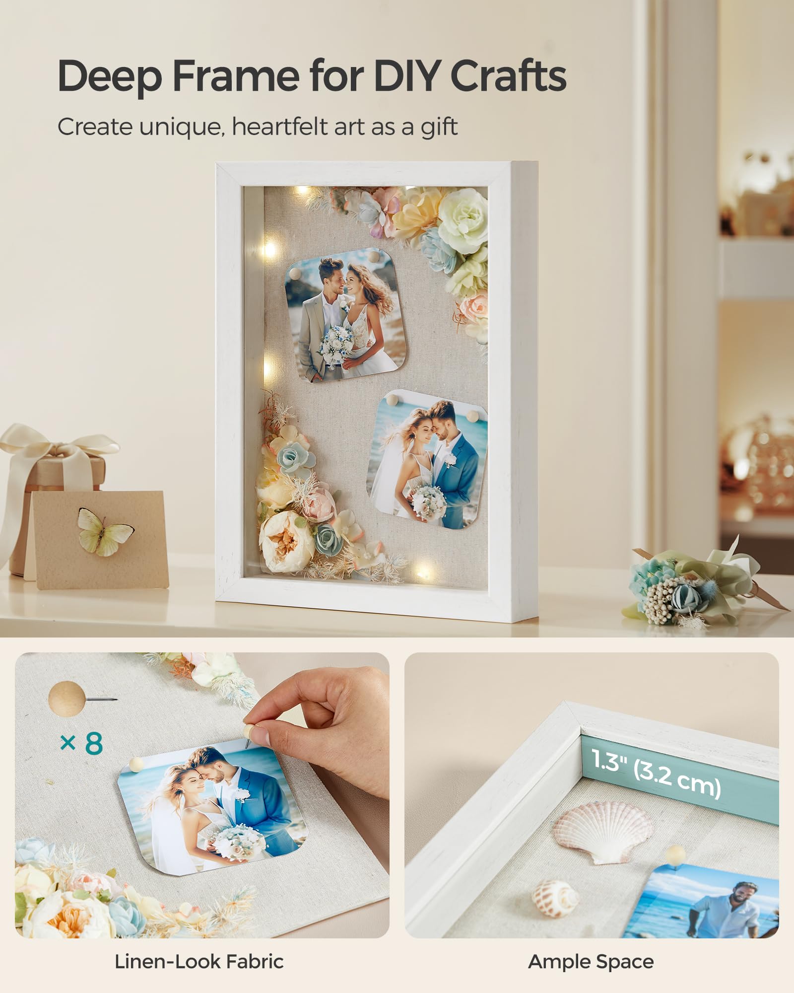 SONGMICS Shadow Box Frame Set of 2 - 1.3 Inch Deep Memory Display Case for Desk & Wall Decor - Rustic White Photo Frame with 8 Wood Push Pins, 6 Mats & 3 Non-Trace Nails - Perfect for Home Office, Nursery Decor & Gift Giving
