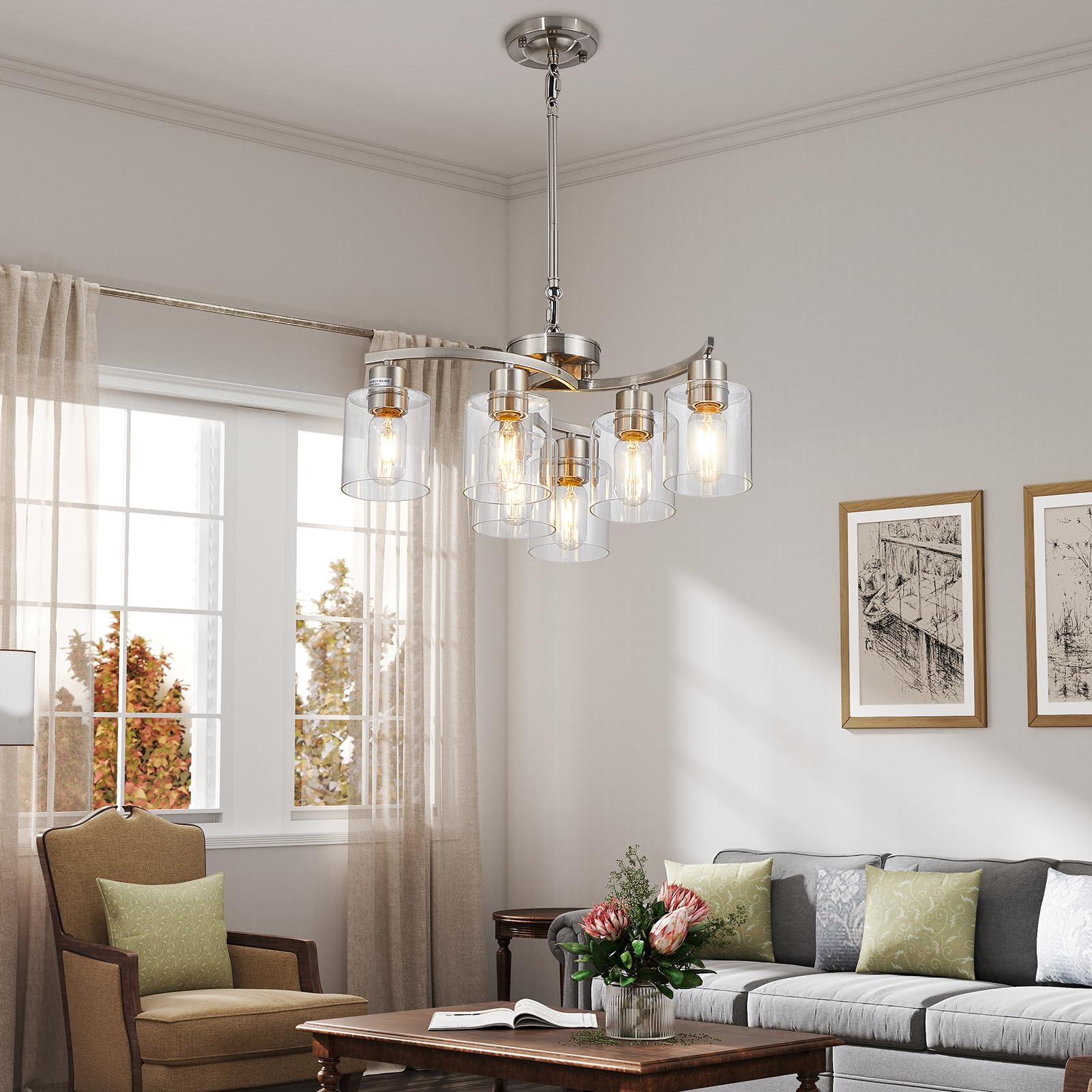 Modern Farmhouse 6-Light Brushed Nickel Chandelier with Clear Glass Shade - Elegant Dining Room Hanging Light, Perfect for Bedroom, Living Room, Kitchen, Hallway & Foyer | Rustic Ceiling Lighting Fixture for Home Decor