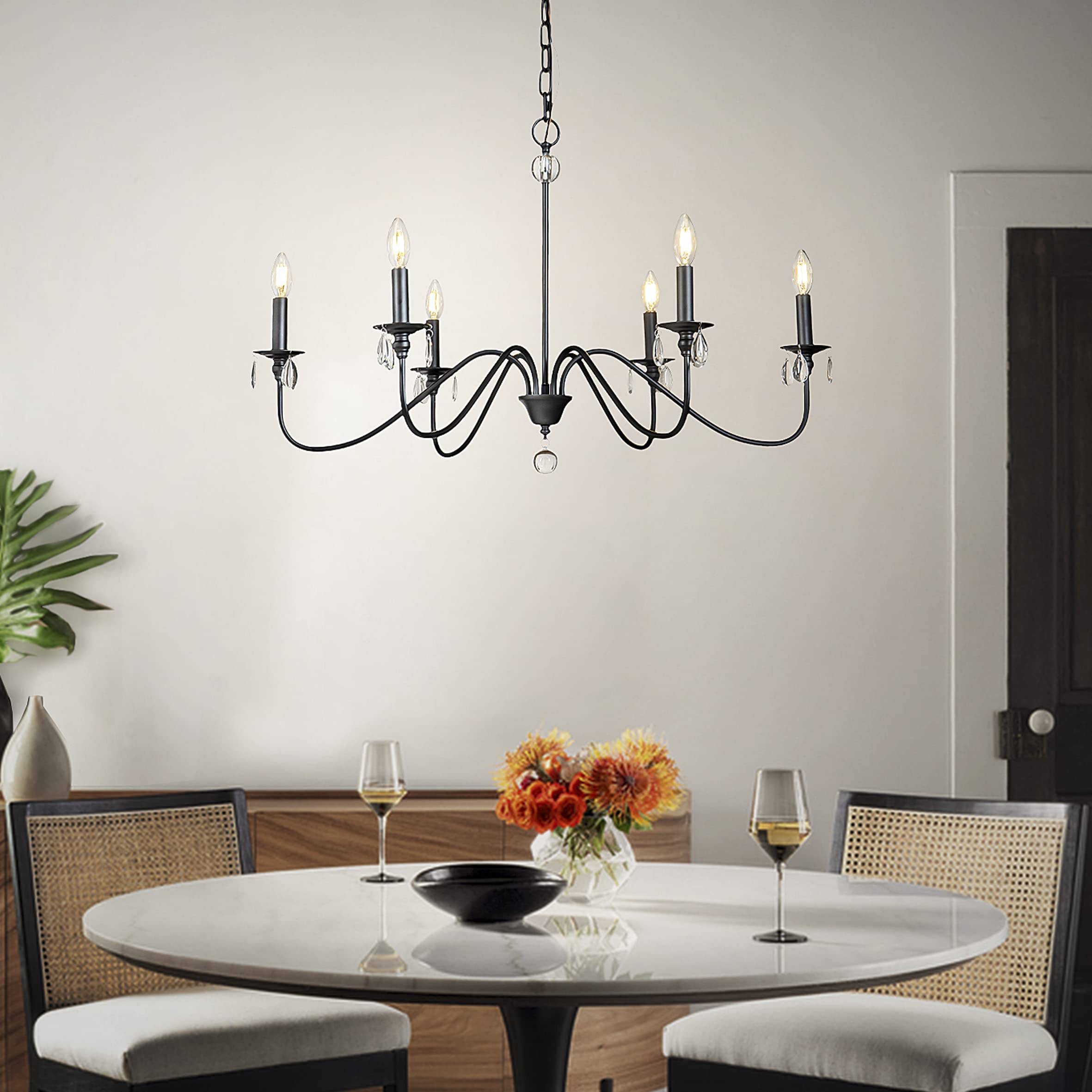 6-Light Black Rustic Vintage Chandelier with Crystal Accents - Adjustable Candle Style Pendant Ceiling Light (36 Inch) for Living Room, Bedroom, Foyer - Perfect for Traditional Home Decor & Romantic Dining Ambiance