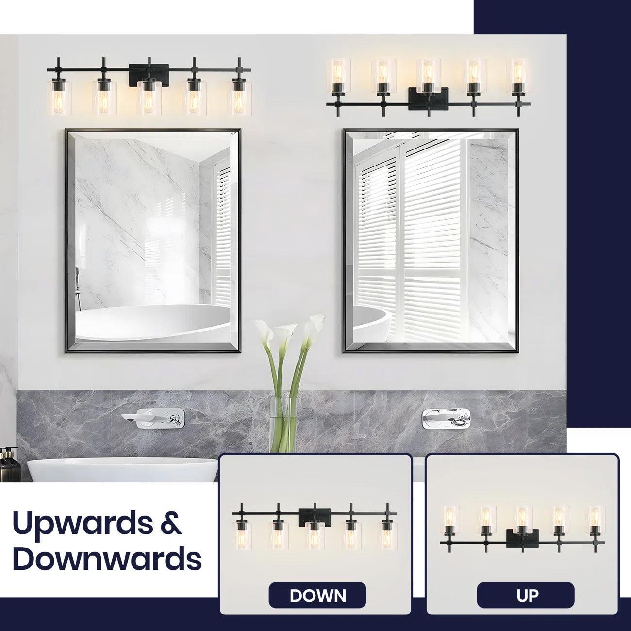 Jasper Modern 5-Light Bathroom Vanity Light Fixture - Brushed Nickel & Black with Clear Glass Shades - Perfect for Bathroom, Powder Room, and Dressing Room Lighting