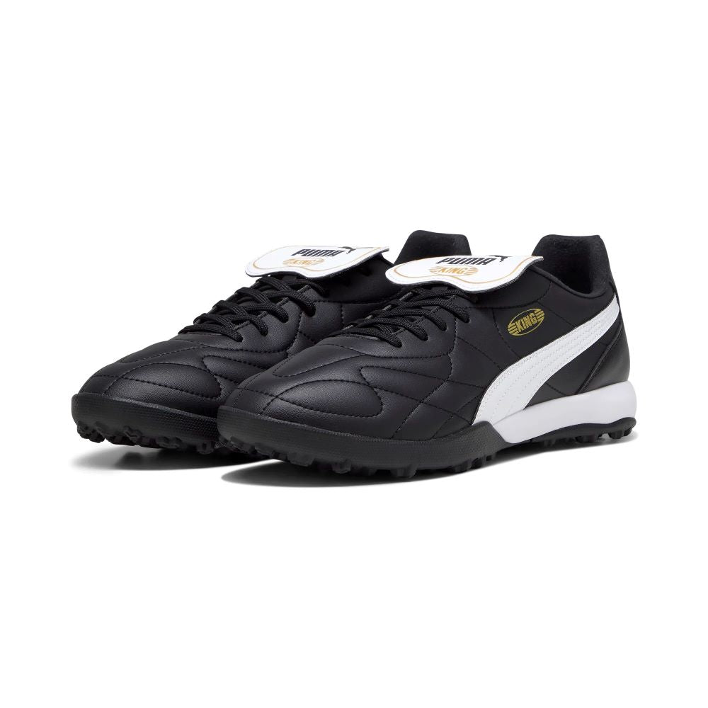 Puma King Top TT Turf Football Shoes for Men - Black/White/Gold - Soccer Cleats for Artificial Grass - Perfect for Training & Matches