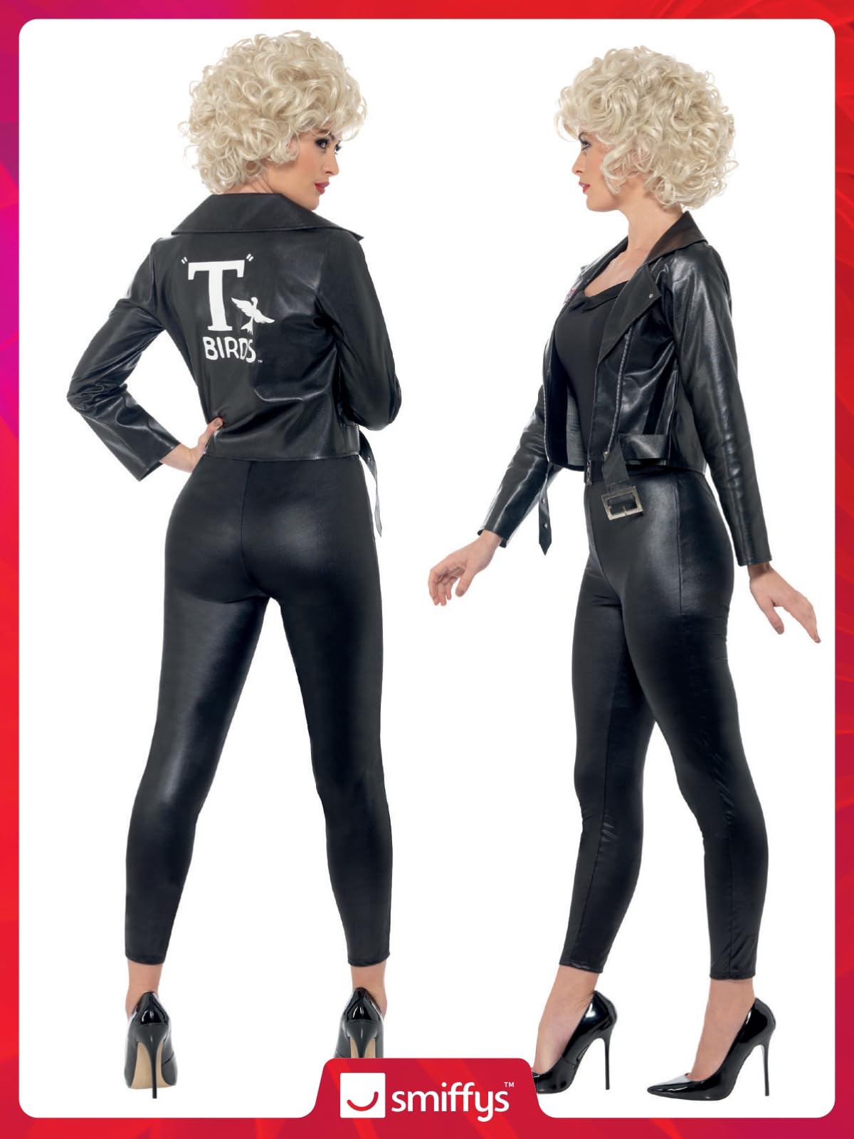 Smiffys Grease Sandy Final Scene Costume for Adults - Black Leather-Look Jacket, Top, Leggings & Belt Set with Official Logo | Officially Licensed 1950s Outfit for Halloween, Cosplay & Group Fancy Dress Parties