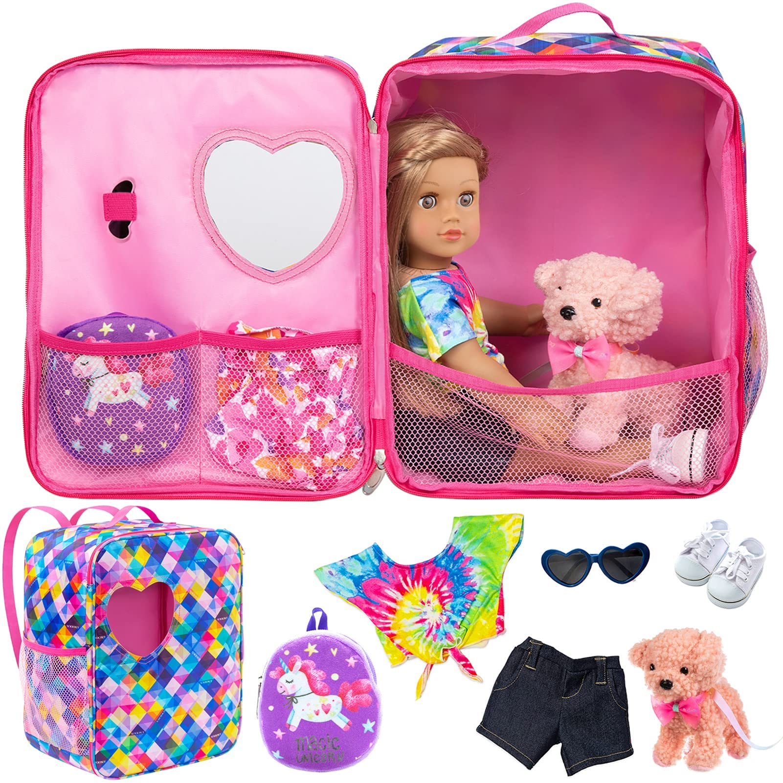Ecore Fun 18 Inch Doll Accessories Set - 5 Piece Bundle with Clothes, Shoes, Sunglasses, Backpack & Toy Dog | Perfect for American Girl Dolls & Role Play | Great Gift for Kids Birthday & Pretend Play