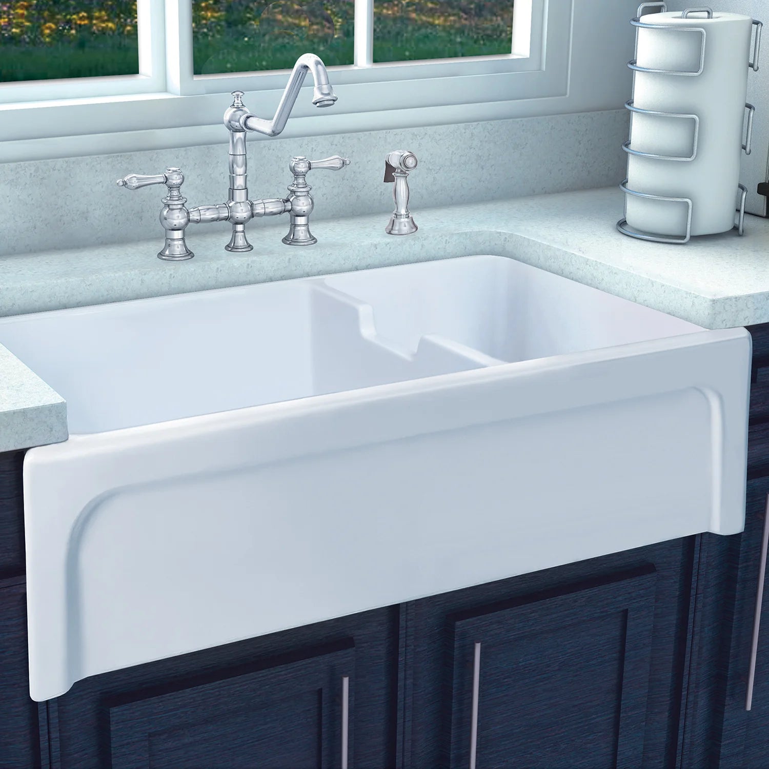 Glencove Fireclay 42-Inch Large Double Bowl Reversible Farmhouse Kitchen Sink with Beveled Front Apron - Perfect for Modern Farmhouse, Rustic, and Traditional Kitchen Designs