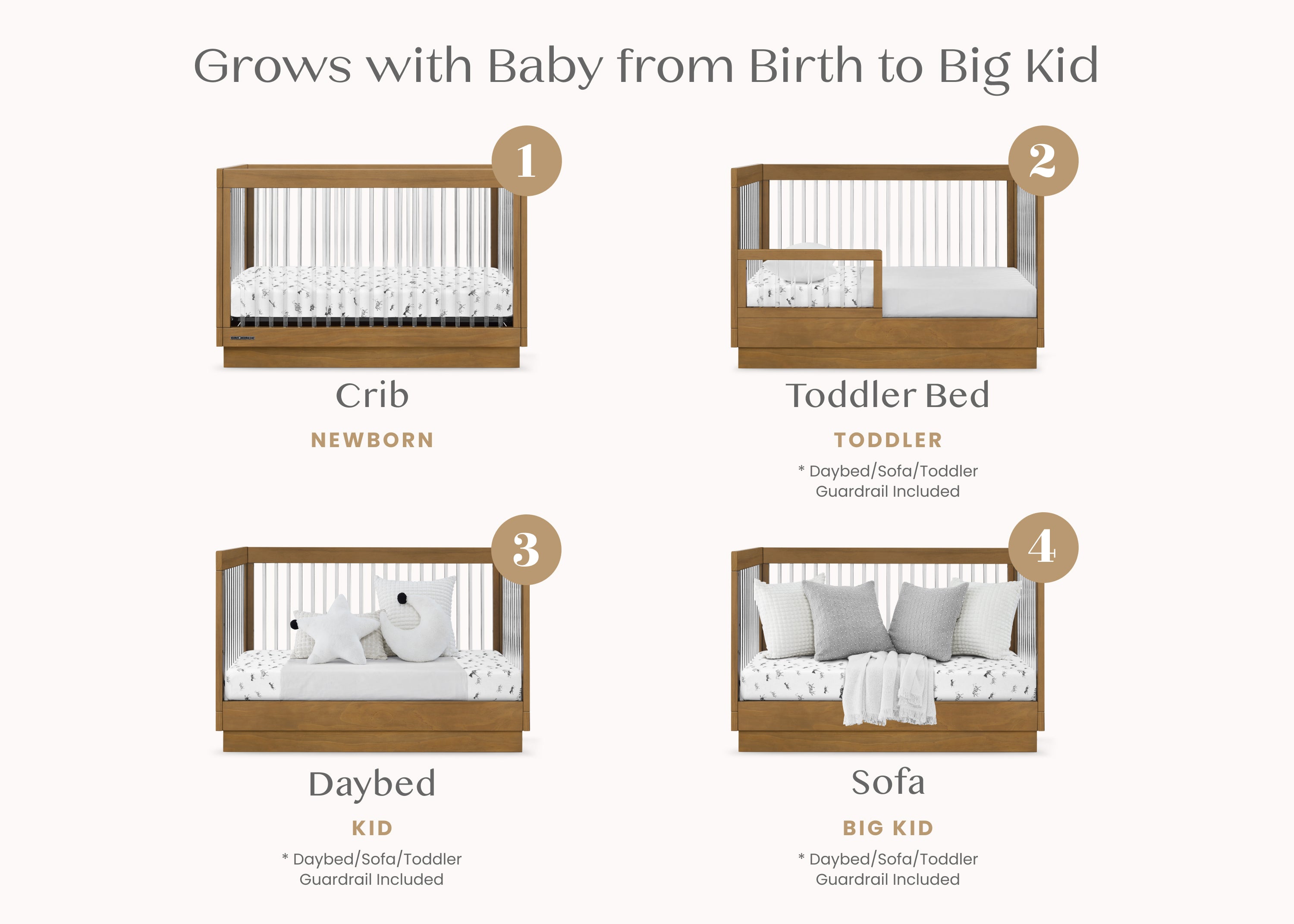 James Acrylic 4-in-1 Convertible Baby Crib - Toddler Bed, Daybed & Full-Size Bed | Modern Nursery Furniture for Boys & Girls | Perfect for Small Spaces & Growing Families