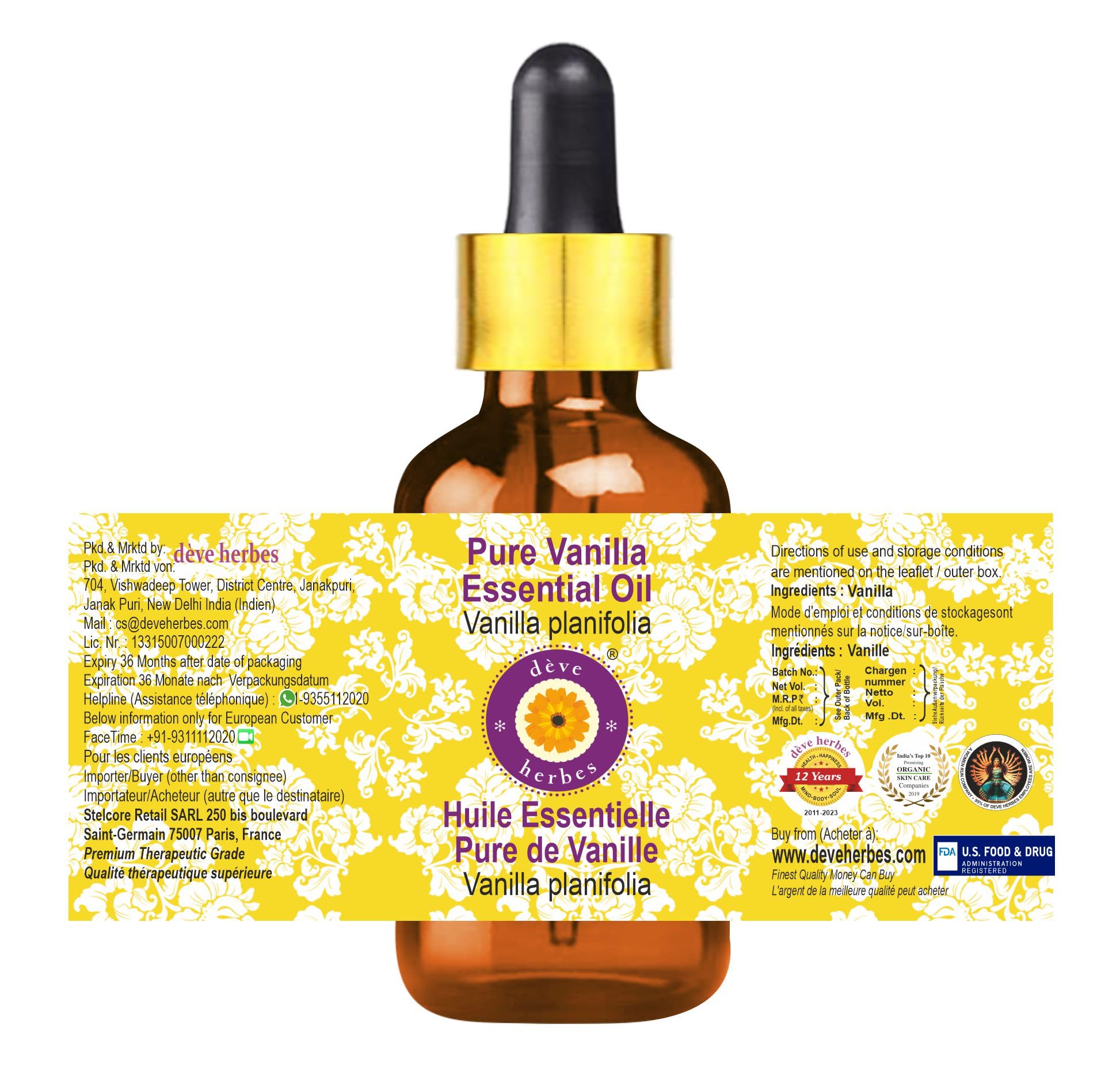 Deve Herbes Pure Vanilla Essential Oil (Vanilla planifolia) - 15ml Steam Distilled with Glass Dropper - Aromatherapy, Massage & DIY Skincare