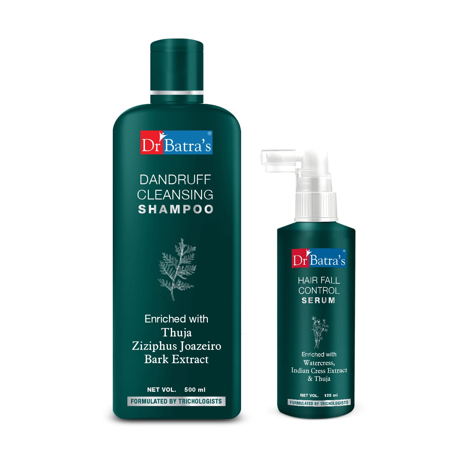 Dr. Batra's Hair Fall Control Serum (125ml) & Dandruff Cleansing Shampoo (500ml) - Enriched with Thuja, Henna & Ziziphus Jaozeiro for Balanced Oil Production - Promotes Clean, Lustrous Hair - Hair Care Set for Daily Use & Scalp Treatment
