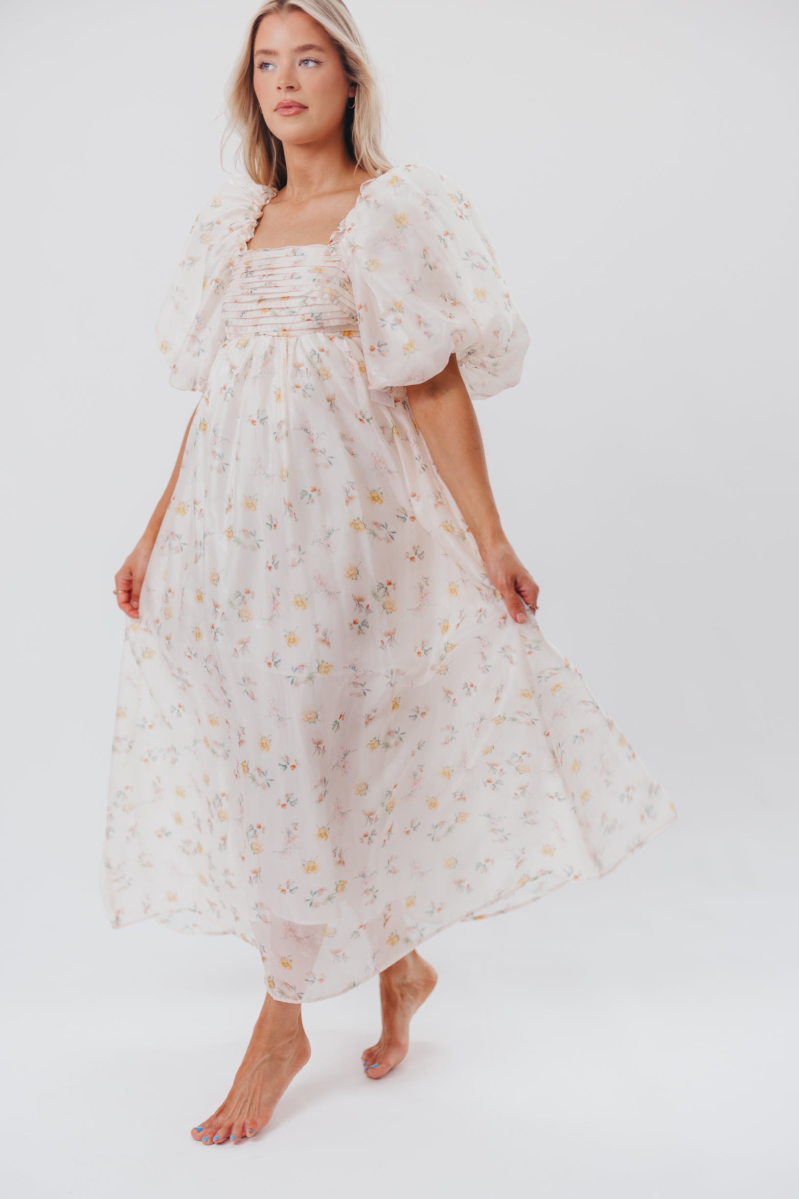 Melody Maxi Dress with Pleats & Bow Detail - Yellow Rose Floral Print | Bump Friendly Maternity Dress | Inclusive Sizing S-3XL | Perfect for Weddings, Baby Showers & Summer Vacations