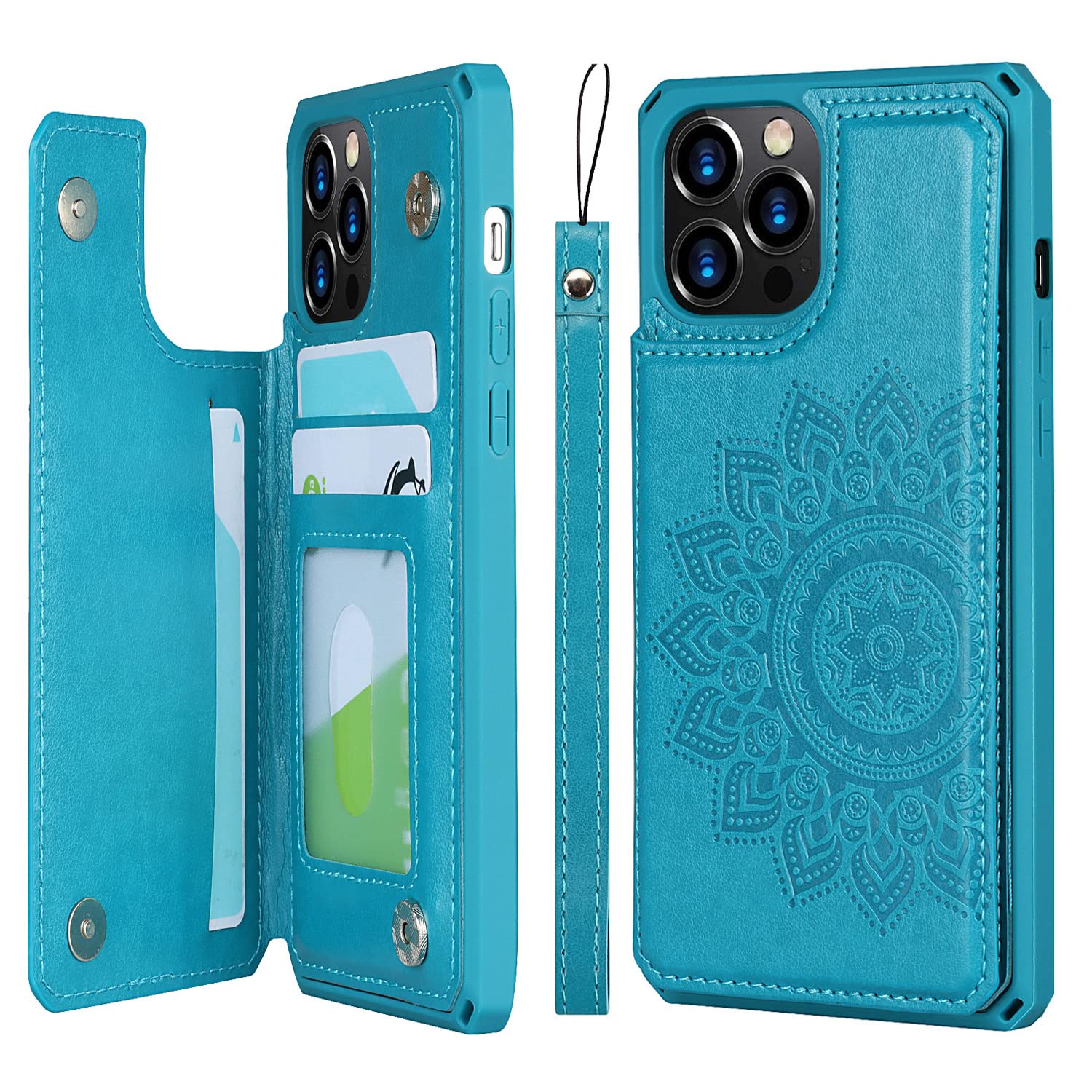 Premium Leather Wallet Case for iPhone 12/12 Pro - Shockproof Protective Cover with Card Holder, Stand & Wrist Strap (Blue) | Perfect for Work, Travel & Everyday Use