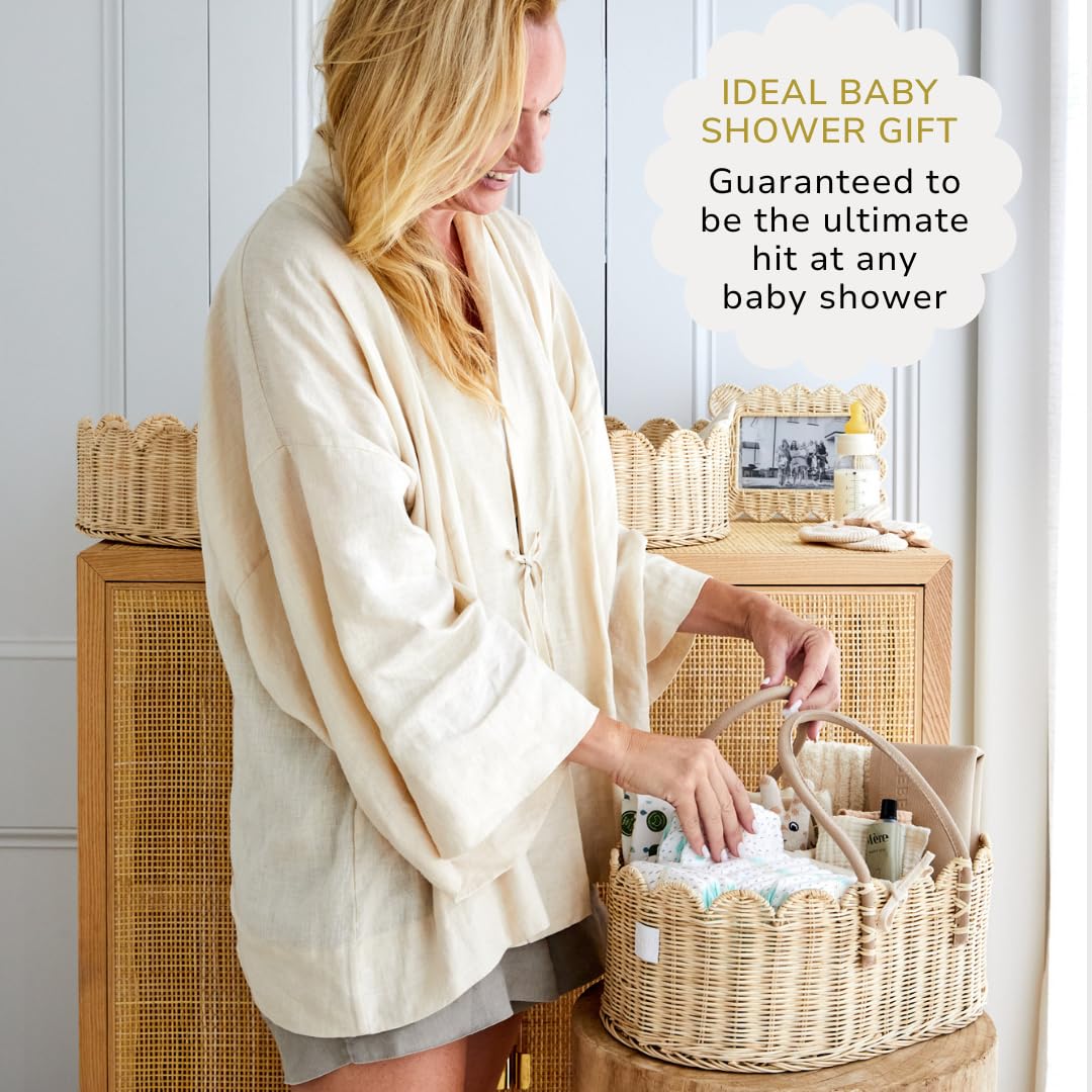 Premium Baby Changing Basket Set - Handwoven Scalloped Rattan Nursery Organizer with Changing Pad & Accessories | Natural Bamboo Diaper Caddy for Nursery, Bedroom & Baby Shower Gift
