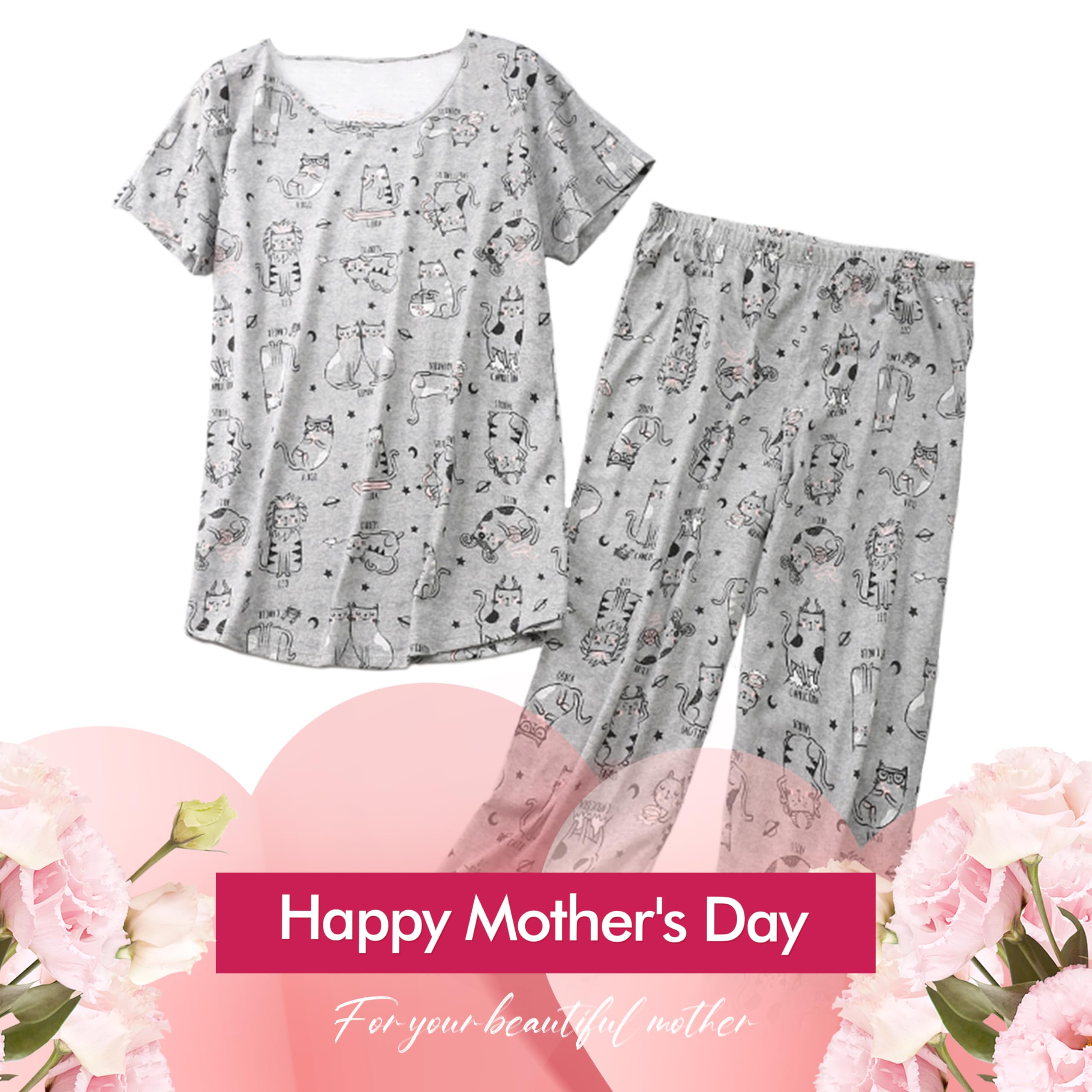 Inadays Women's Cotton Pajama Sets - Short Sleeve Top & Capri Pants 2-Piece Lounge Set | Soft & Breathable Summer Sleepwear for Women | Perfect for Nighttime Comfort, Lounging & Vacation Wear