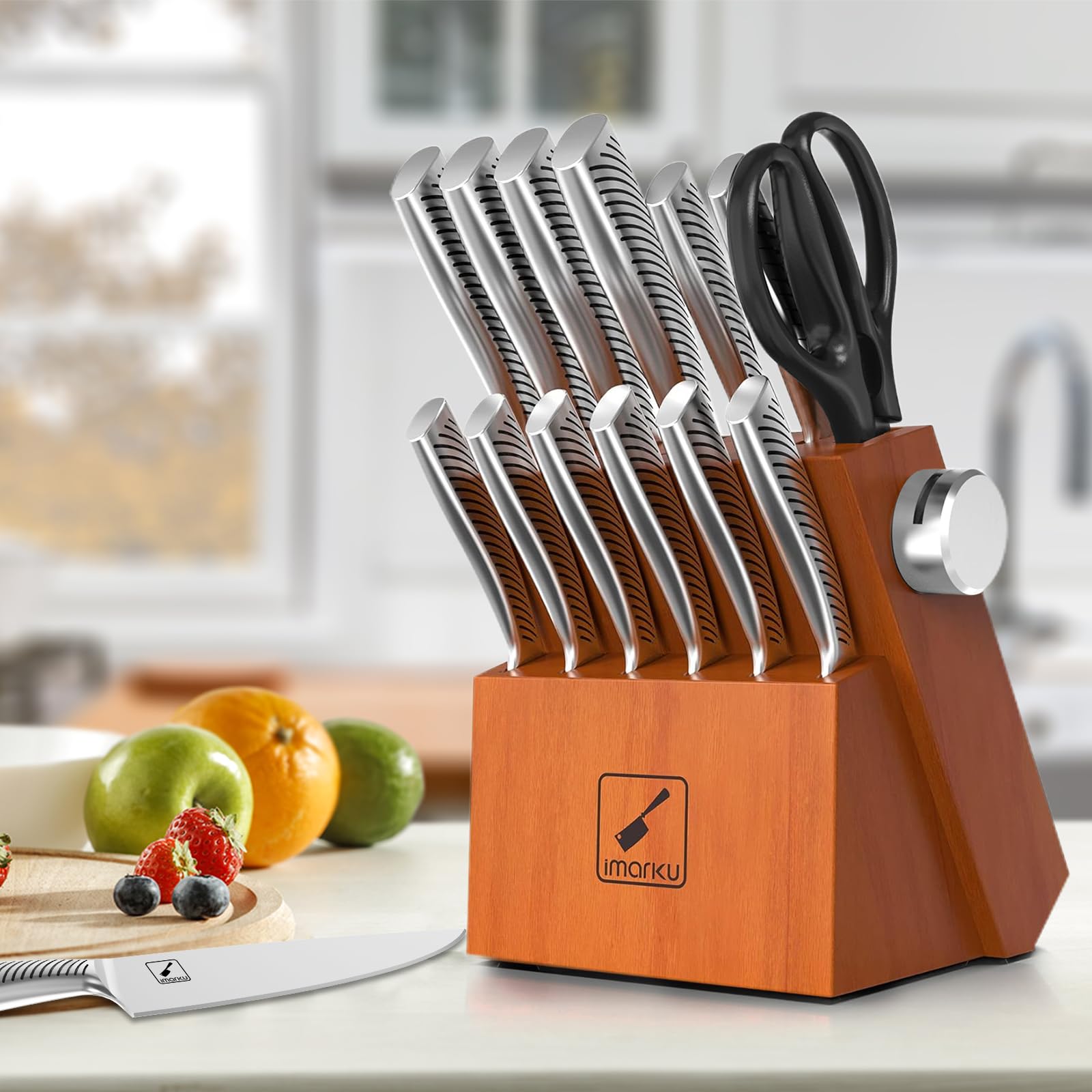 IMARKU 14-Piece Professional Stainless Steel Kitchen Knife Set with Wooden Stand & Sharpener - Perfect for Home Chefs, Cooking Enthusiasts & Mother's Day Gifts