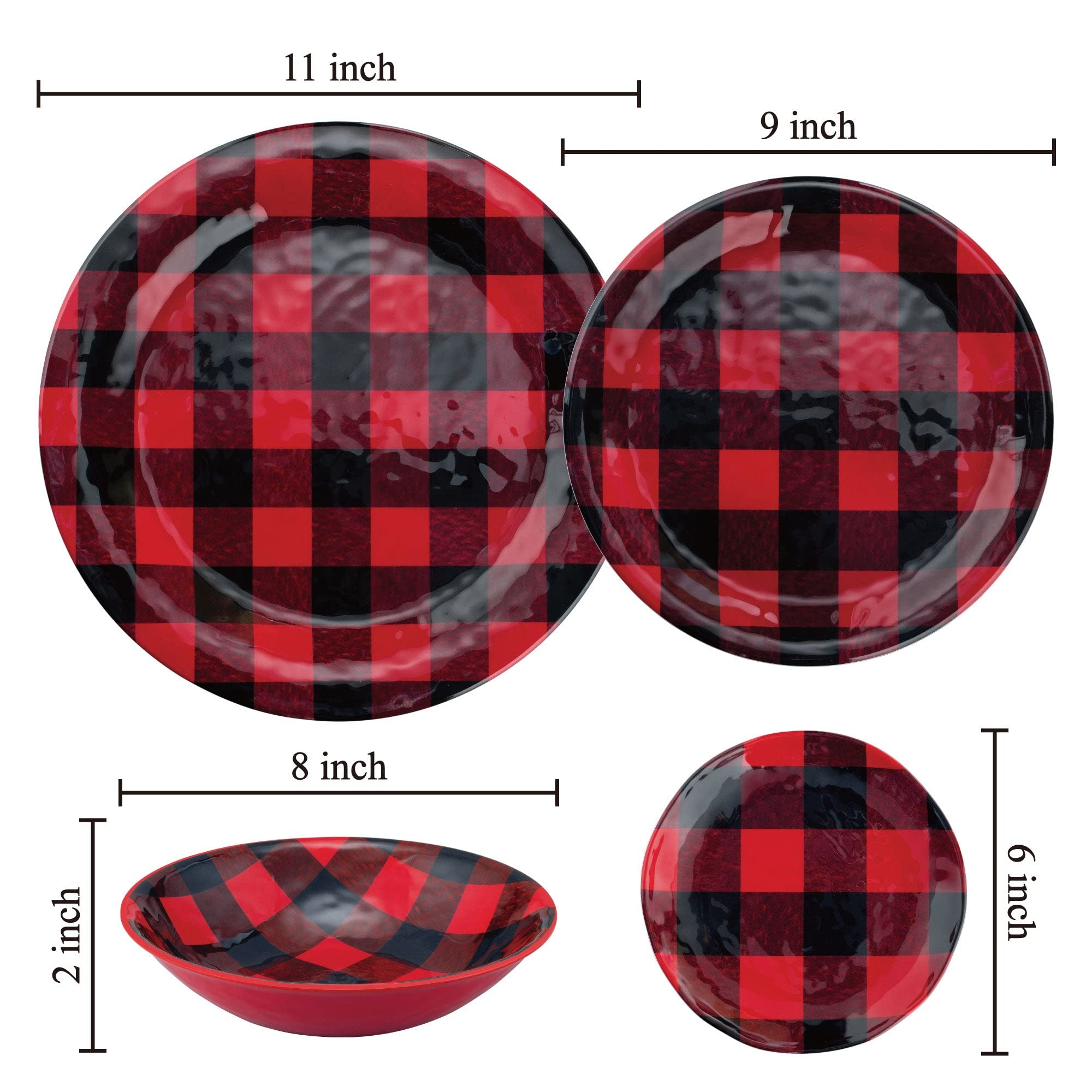 UPware 16-Piece Buffalo Plaid Melamine Dinnerware Set - Durable Outdoor Dishes & Plates with Bowls - Christmas Tableware for 4 - Red & Black Checkered Design - Perfect for Picnics, Camping, and Holiday Decorations