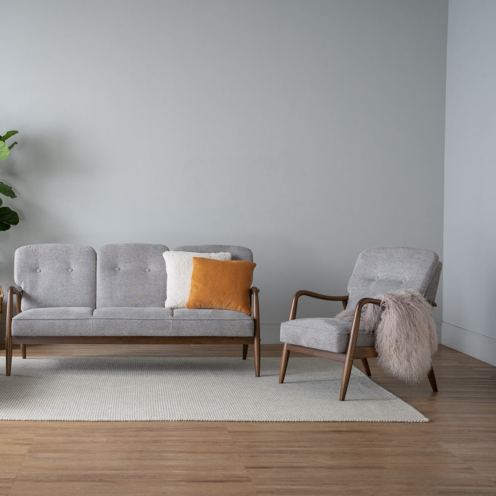 FIGARO Mid-Century Modern Lounge Chair - Walnut Wood Frame & Grey Upholstery - Stylish Accent Chair for Living Room, Office, or Reading Nook