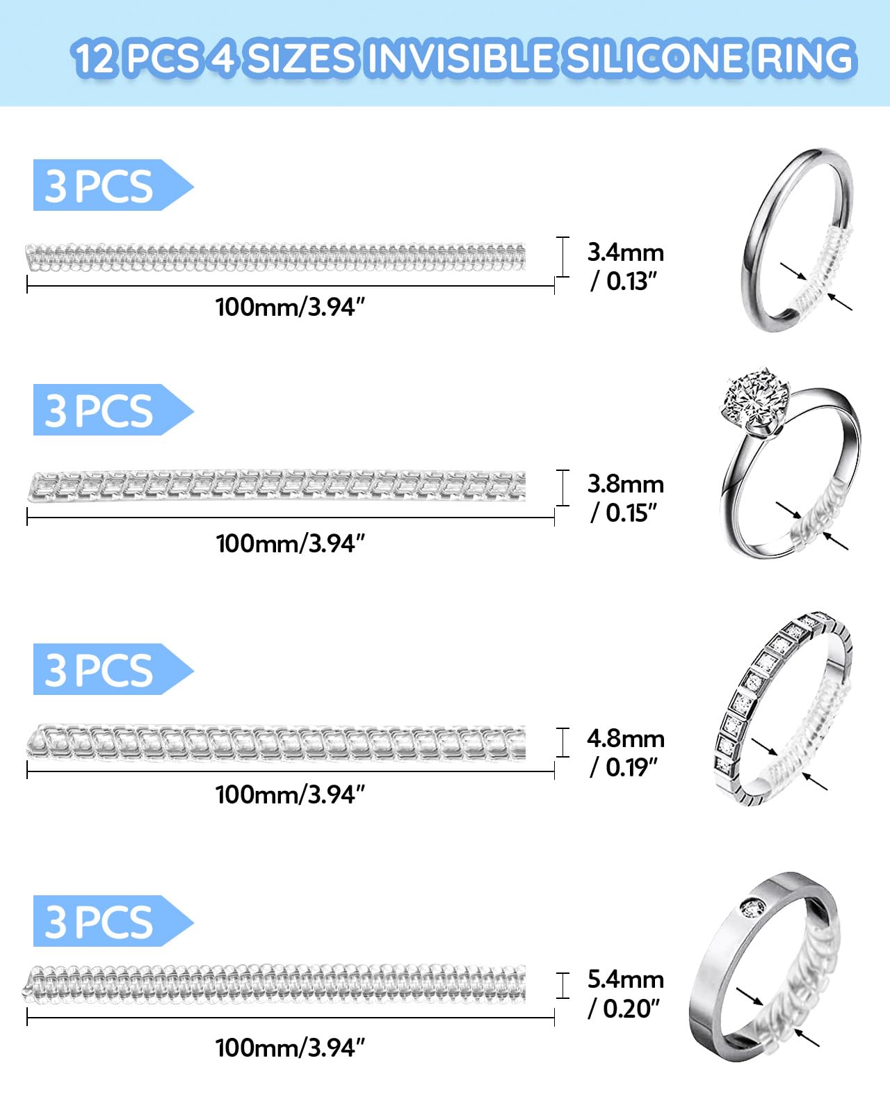 16 Pack Ring Sizer Adjuster for Loose Rings - Spiral Silicone Ring Guards for Women & Men - Invisible Ring Tightener Set with Polishing Cloth & Storage Box - Perfect for Wedding Bands, Engagement Rings & Jewelry Resizing
