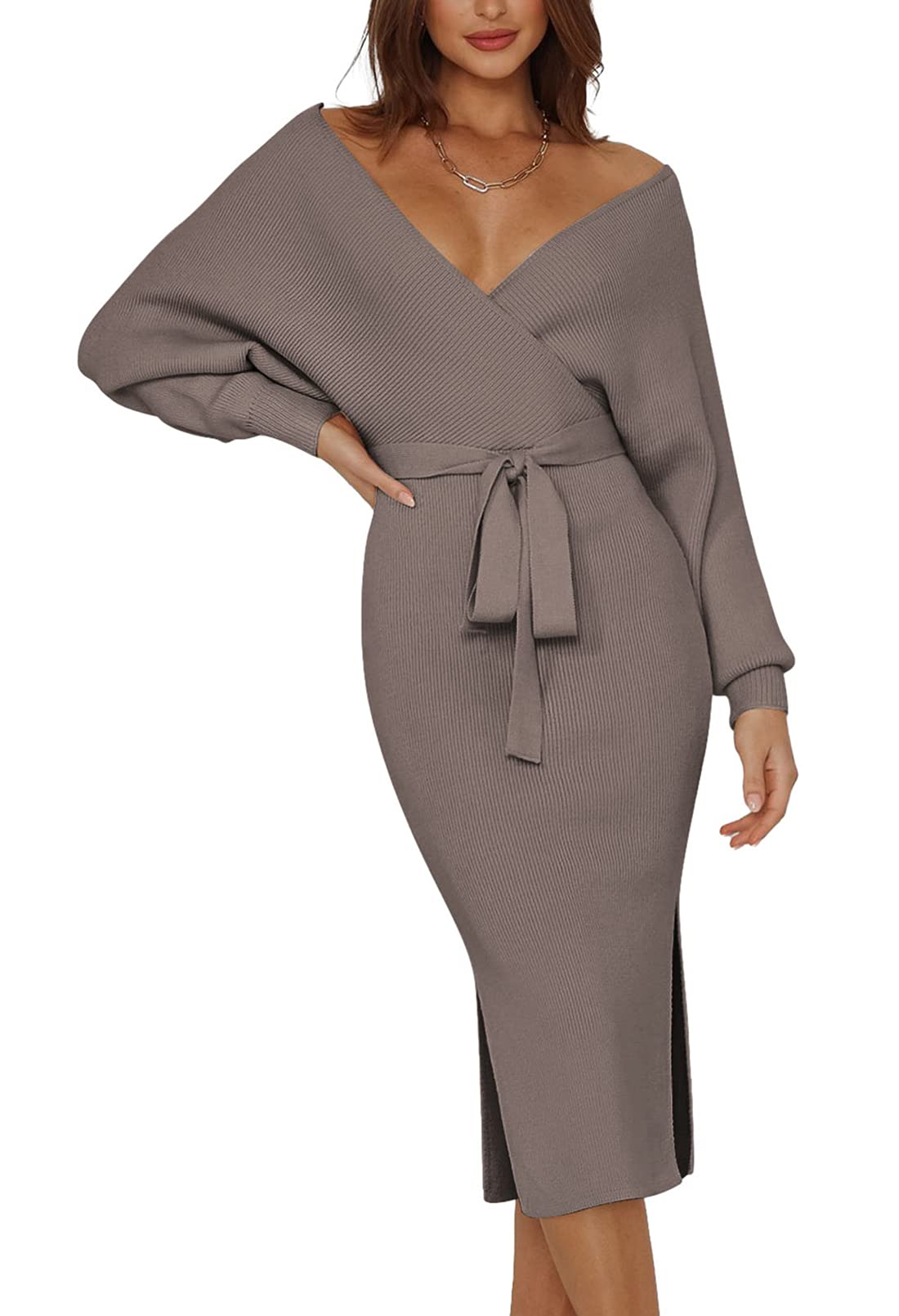 Pink Queen Women's V-Neck Wrap Dress with Batwing Sleeves & Belt - Sexy Backless Maxi Knit Dress for Date Night, Party & Special Occasions