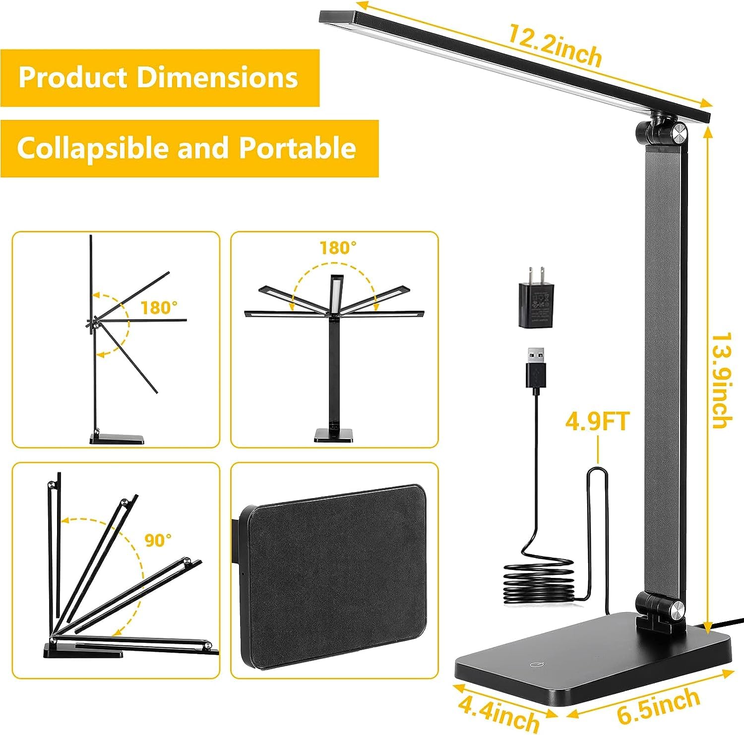 Adjustable LED Desk Lamp with USB Charging Port - 3-Level Dimmable Study Light for Home Office, 5000K Natural White Light, Compact Reading Lamp for Work & Study (Black) | Perfect for Night Reading, Computer Work & Home Office Tasks