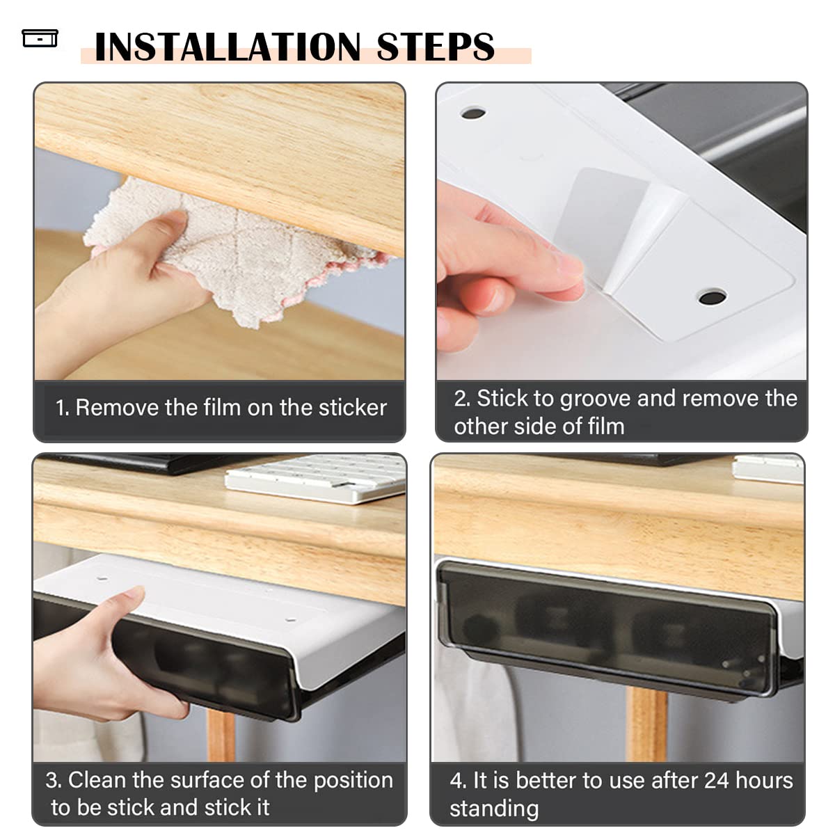 Self-Adhesive Under Desk Drawer Organizer - 2 Pack Hidden Slide-Out Storage Tray for Office Supplies, Stationery & Utensils - Perfect for Home Office, School Desk & Kitchen Countertop (Large, Black)