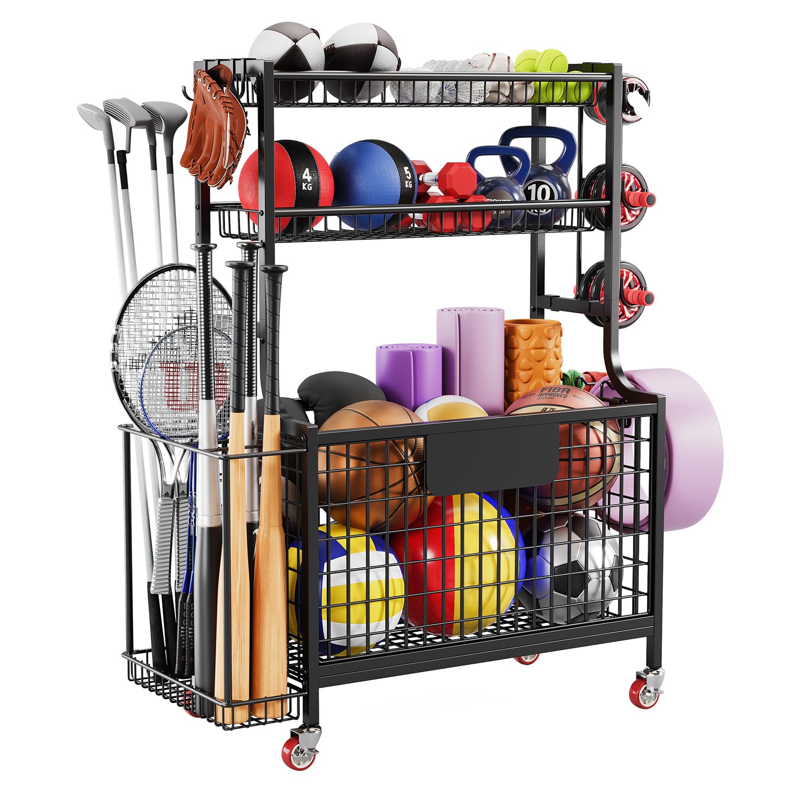 Heavy Duty Garage Storage Rack for Sports Equipment - Rolling Ball Organizer with Wheels, Hooks & Baskets - Golf Bag Stand, Basketball & Football Holder - Perfect for Indoor/Outdoor Use in Garages, Basements & Playrooms