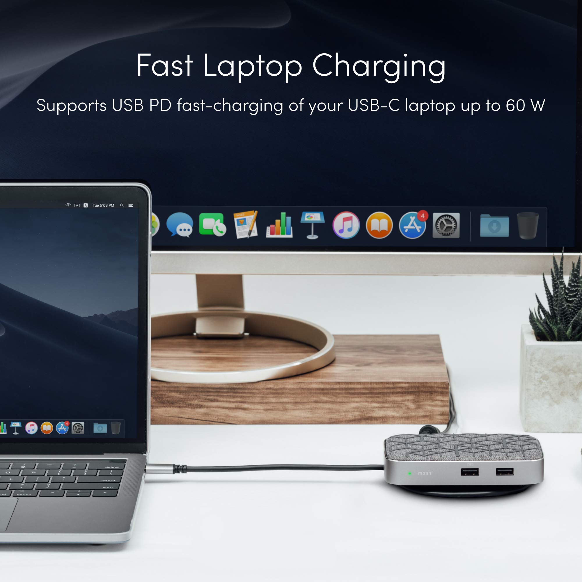 Moshi Symbus Q 6-in-1 USB C Hub with 15W Wireless Charger - HDMI 4K HDR, 60W PD Fast Charging, Dual USB-A, Gigabit Ethernet - Compatible with iPhone 12 Series, AirPods Pro, Samsung Galaxy & Google Pixel - Perfect for Home Office, Travel & Mobile Workstations