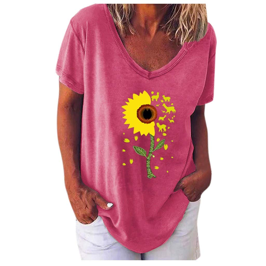 Funny Heart Print V-Neck T-Shirt for Women - Yuaekjes Casual Loose Short Sleeve Blouse | Perfect for Everyday Wear, Weekend Outfits & Casual Dates