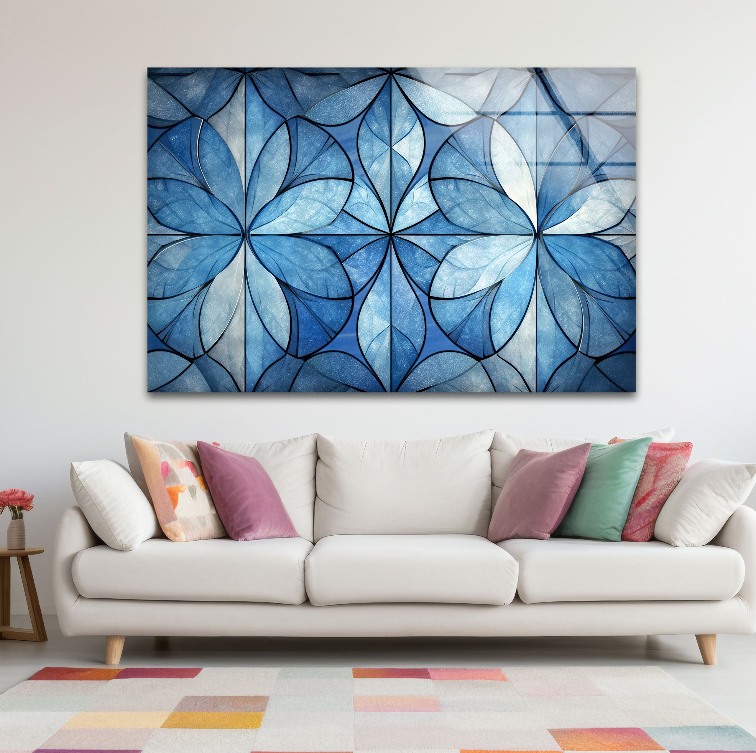 Blue Floral Geometric Wall Art - Modern Glass Panel with Elegant Petal Design for Home Decor, Living Room & Office