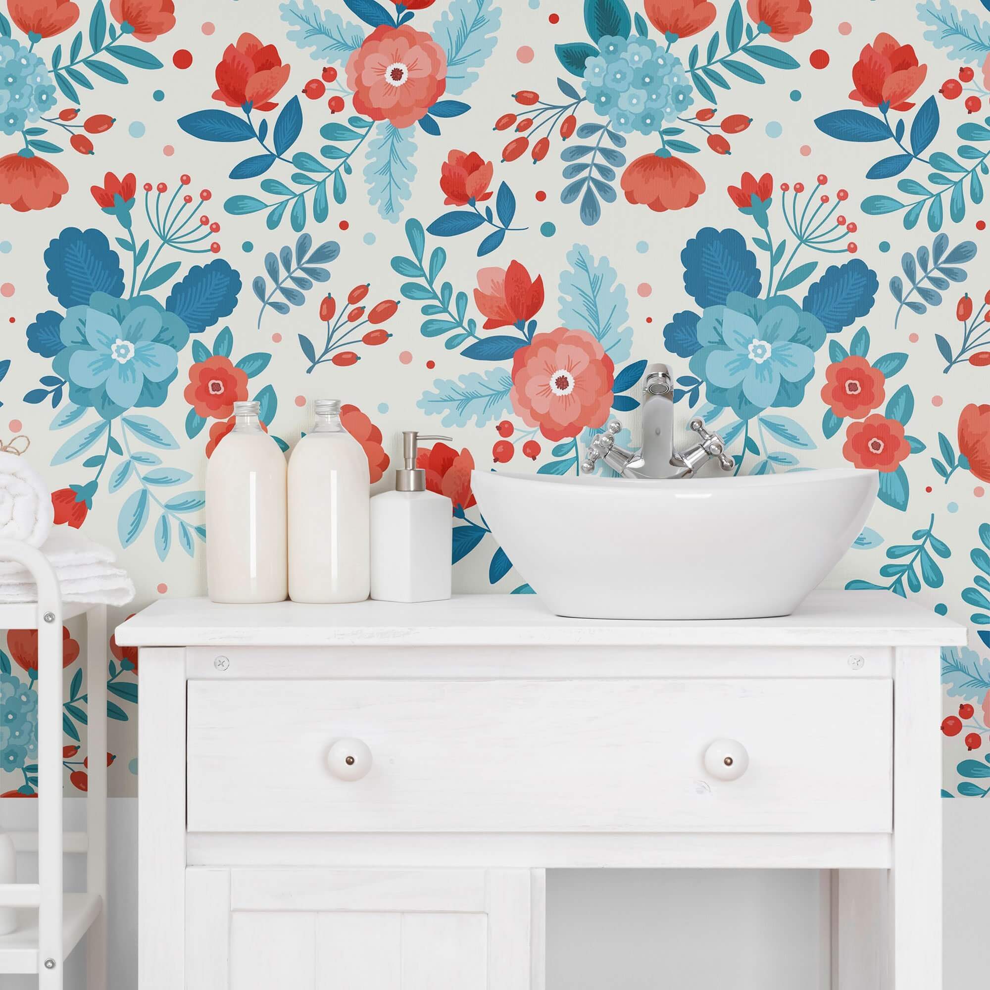 Blue and Orange Floral Peel and Stick Removable Wallpaper 9824 - Self-Adhesive Wall Decor for Bedroom, Living Room, Nursery & Office