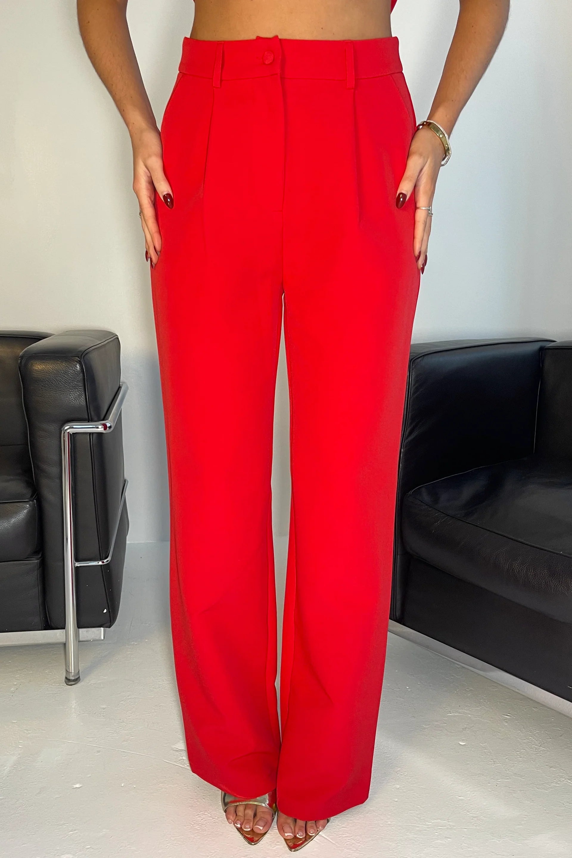Jo Tailored Wide Leg Trousers for Women - High Waist Flowy Pants in Red | Perfect for Office, Casual Wear & Special Occasions