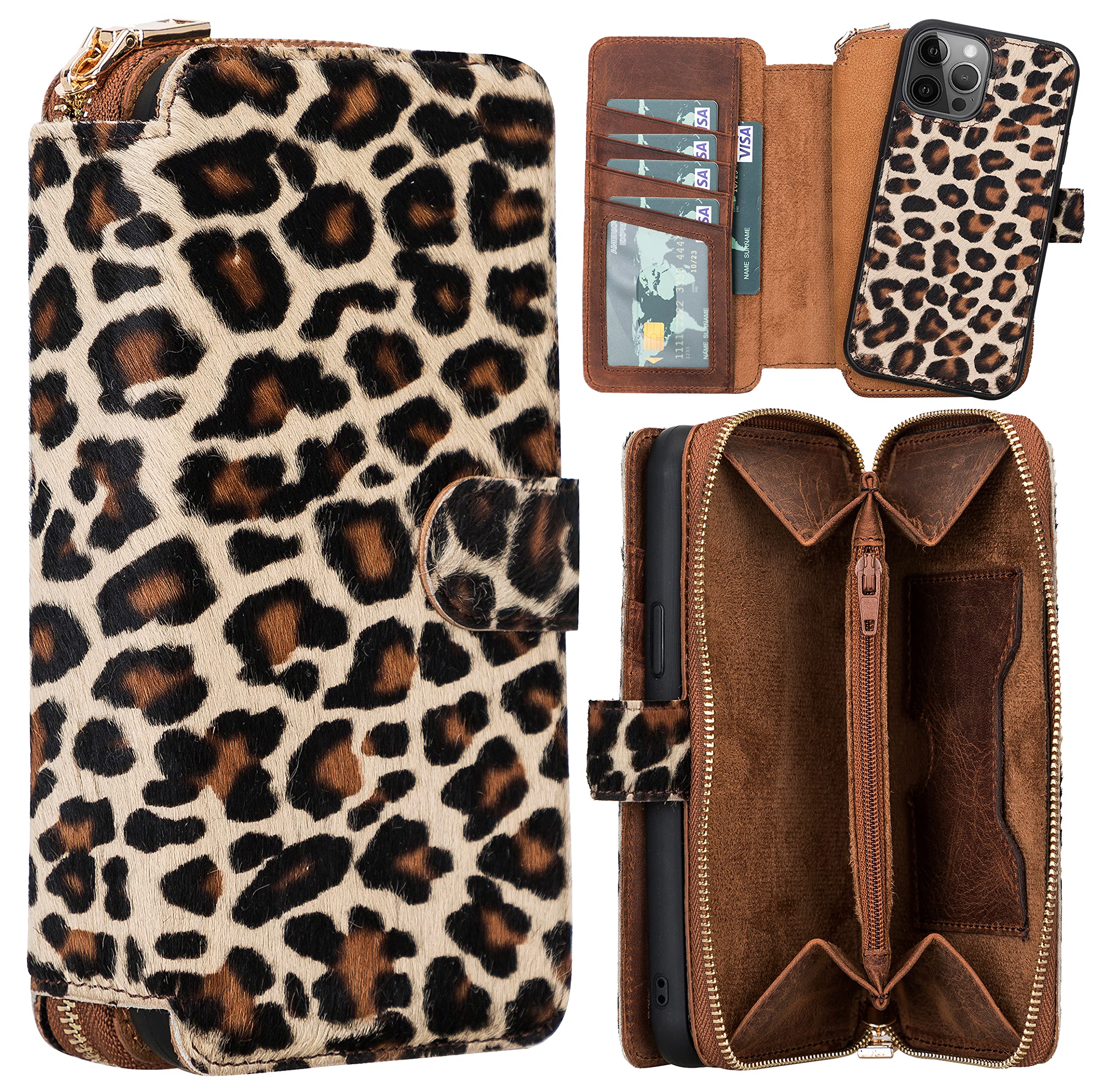 Premium Full Grain Leather iPhone 12 Pro Max Wallet Case with Magnetic Detachable Card Holder & Zipper Closure - Stylish Leopard Print Protective Phone Cover for Women & Men | Perfect for Travel, Work & Everyday Use