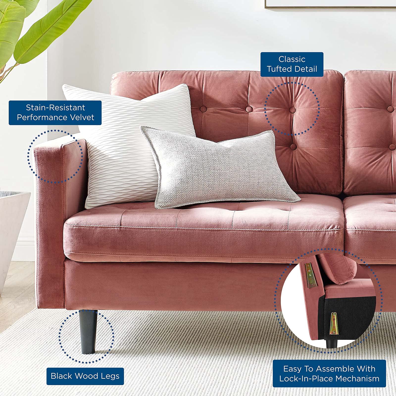 Modway Exalt Sofa - Modern Mid-Century Loveseat with Soft Fabric Upholstery in Dusty Rose | Perfect for Living Rooms, Apartments & Small Spaces