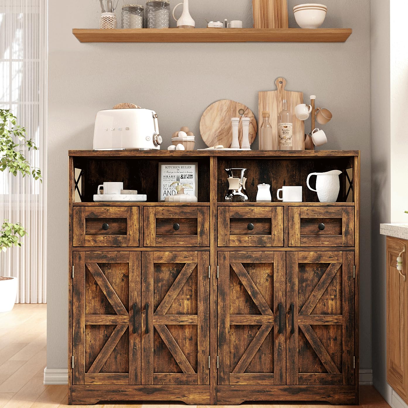 Rustic Farmhouse Storage Cabinet with Drawers & Shelves - Kitchen & Living Room Organizer