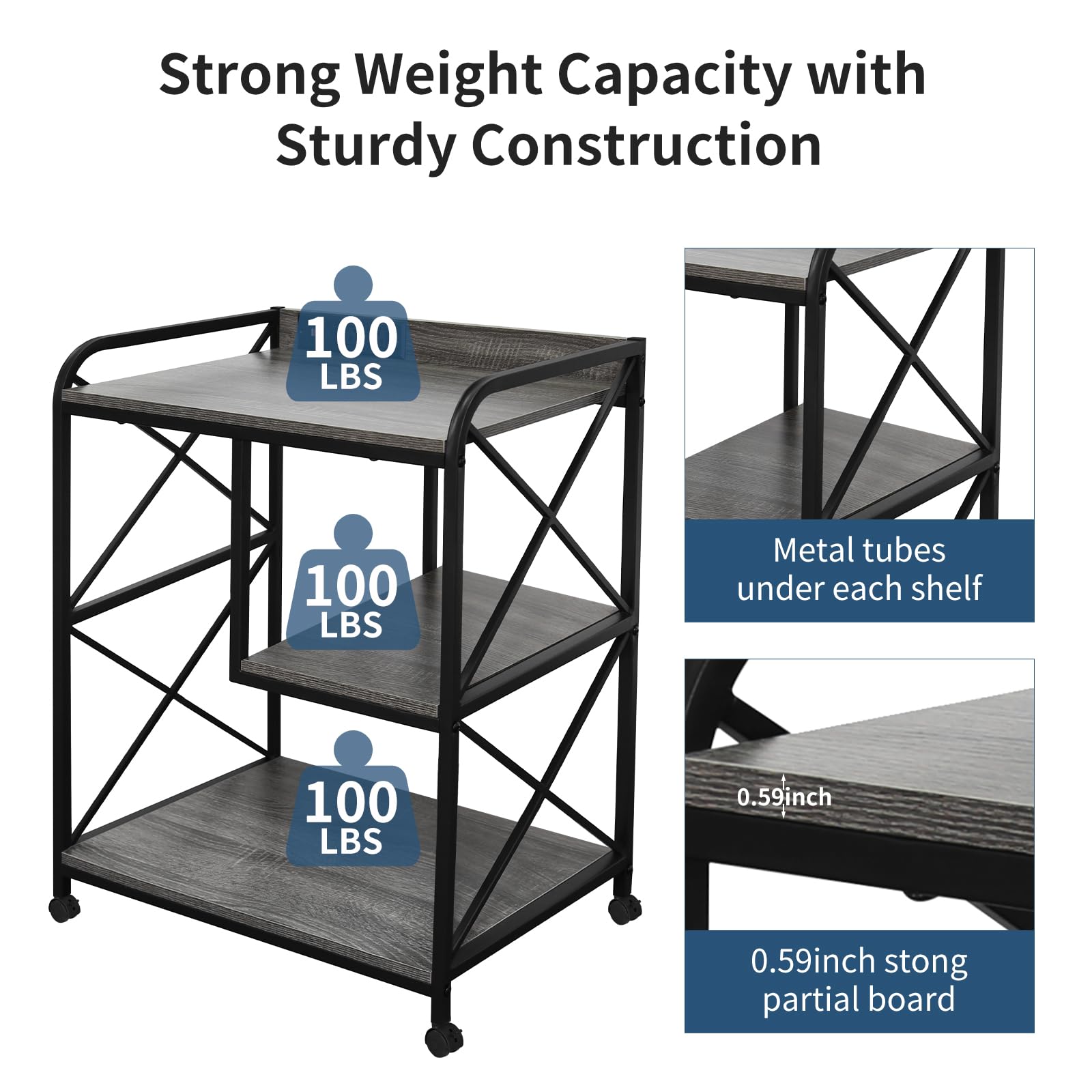 23 x 18 Inch Rolling Printer Stand with Storage Shelf & Power Outlet - Mobile Printer Cart Tower for Home Office, Wheels for Easy Movement - Grey Oak Finish | Perfect for Workspace Organization & Small Office Equipment Storage