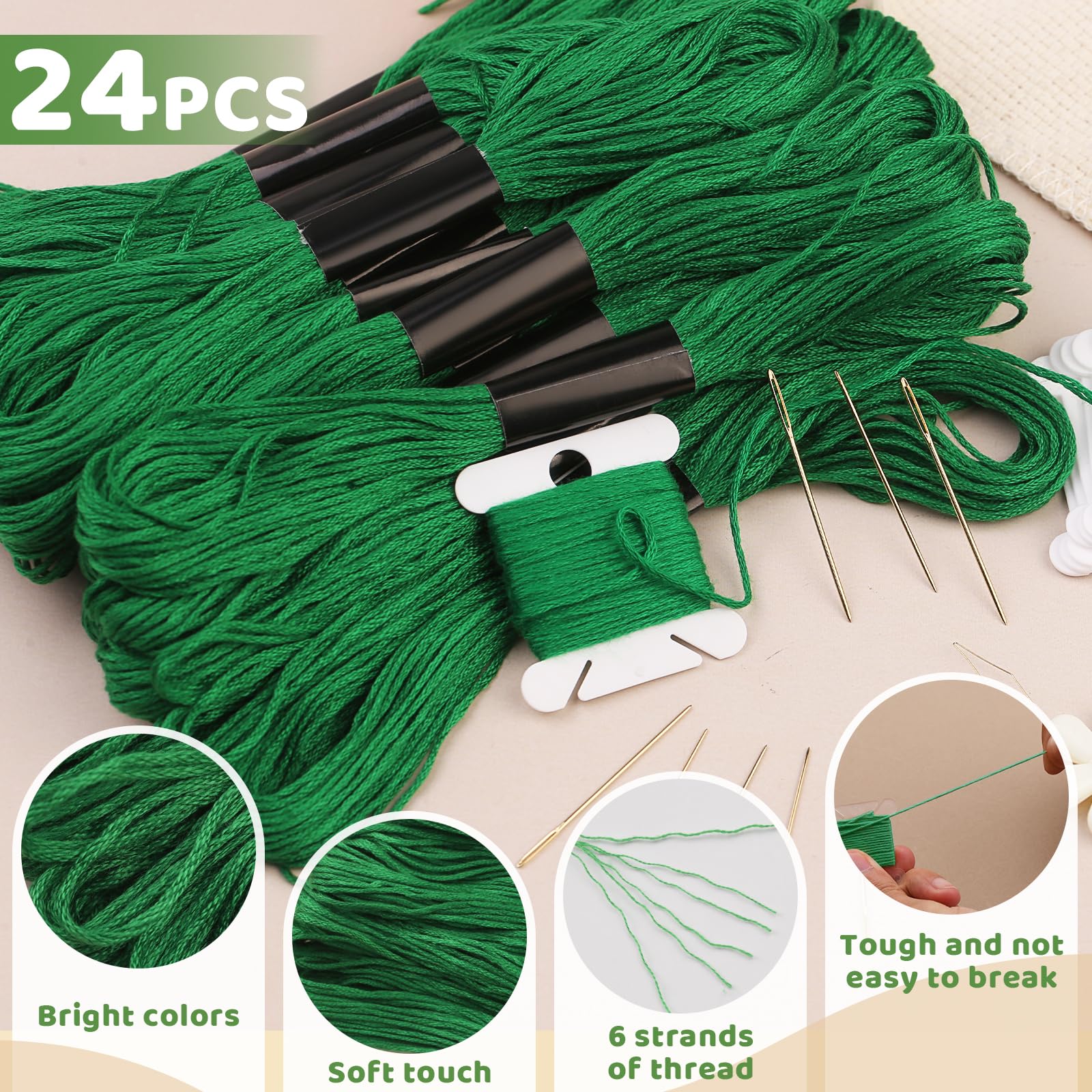 24 Skeins Green Embroidery Thread Set - Premium Cross Stitch Floss with Plastic Bobbins, Needle Threader & Sewing Needles for DIY Crafts, Cross Stitch Kits, Hand Embroidery Projects (Perfect for Beginners & Professional Sewing)