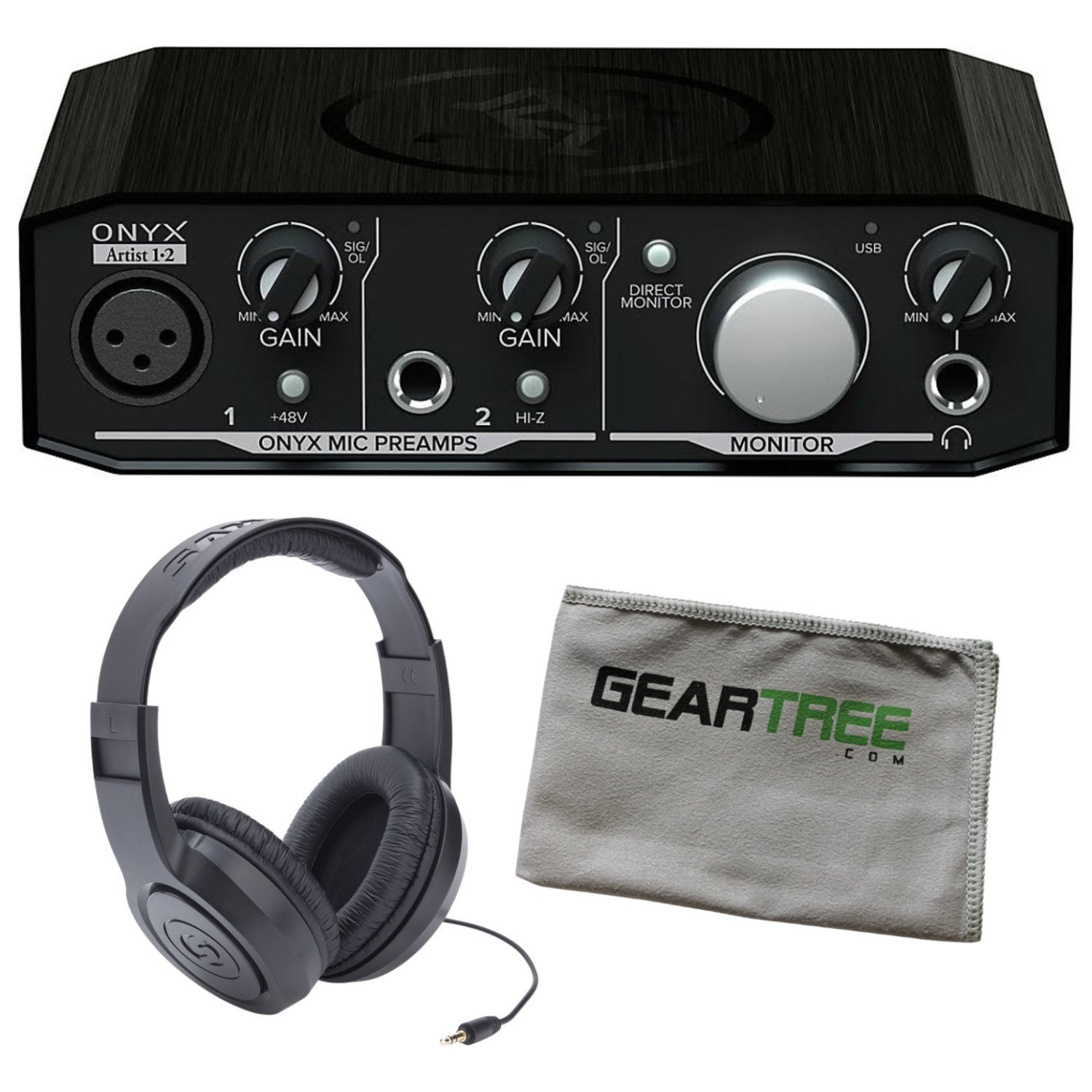 Mackie Onyx Artist 1-2 2x2 USB Audio Interface with Headphone Output & Geartree Cloth - Professional Studio Recording, Podcasting & Music Production